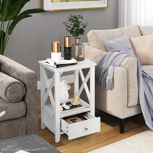 Modern 2-tier bedside table in X design with drawer 40 x 30 x 61.5 cm white