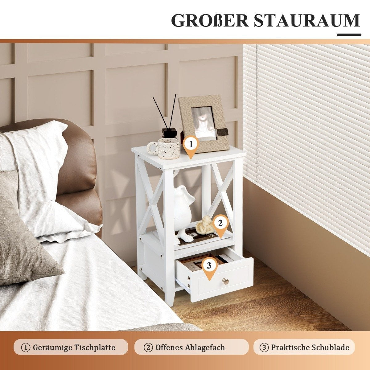 Modern 2-tier bedside table in X design with drawer 40 x 30 x 61.5 cm white