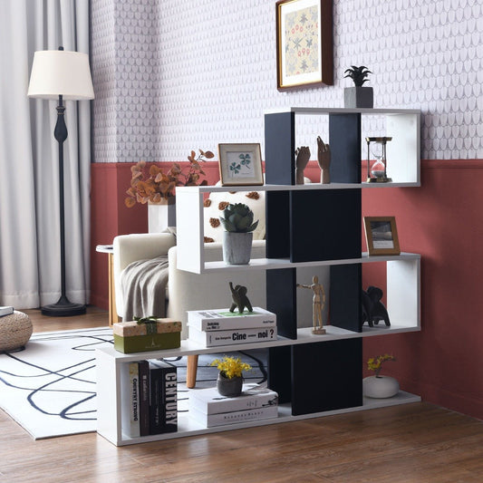 Modern 5 Tier Ladder Style Wooden Room Divider for Books 120 x 19.5 x 109cm Black & White