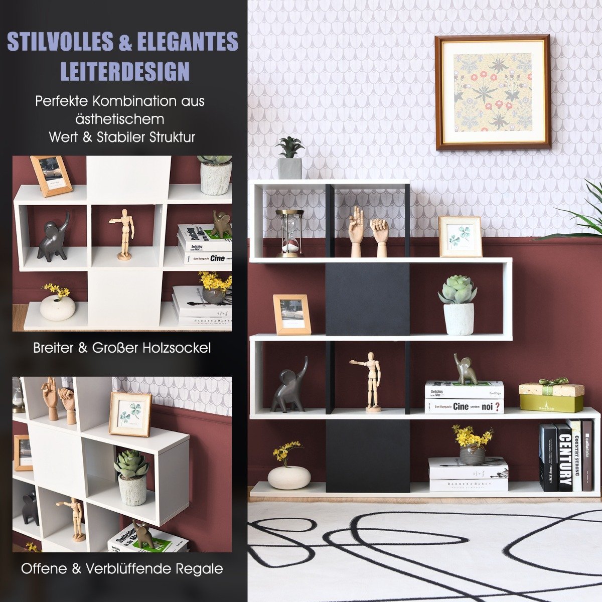 Modern 5 Tier Ladder Style Wooden Room Divider for Books 120 x 19.5 x 109cm Black & White