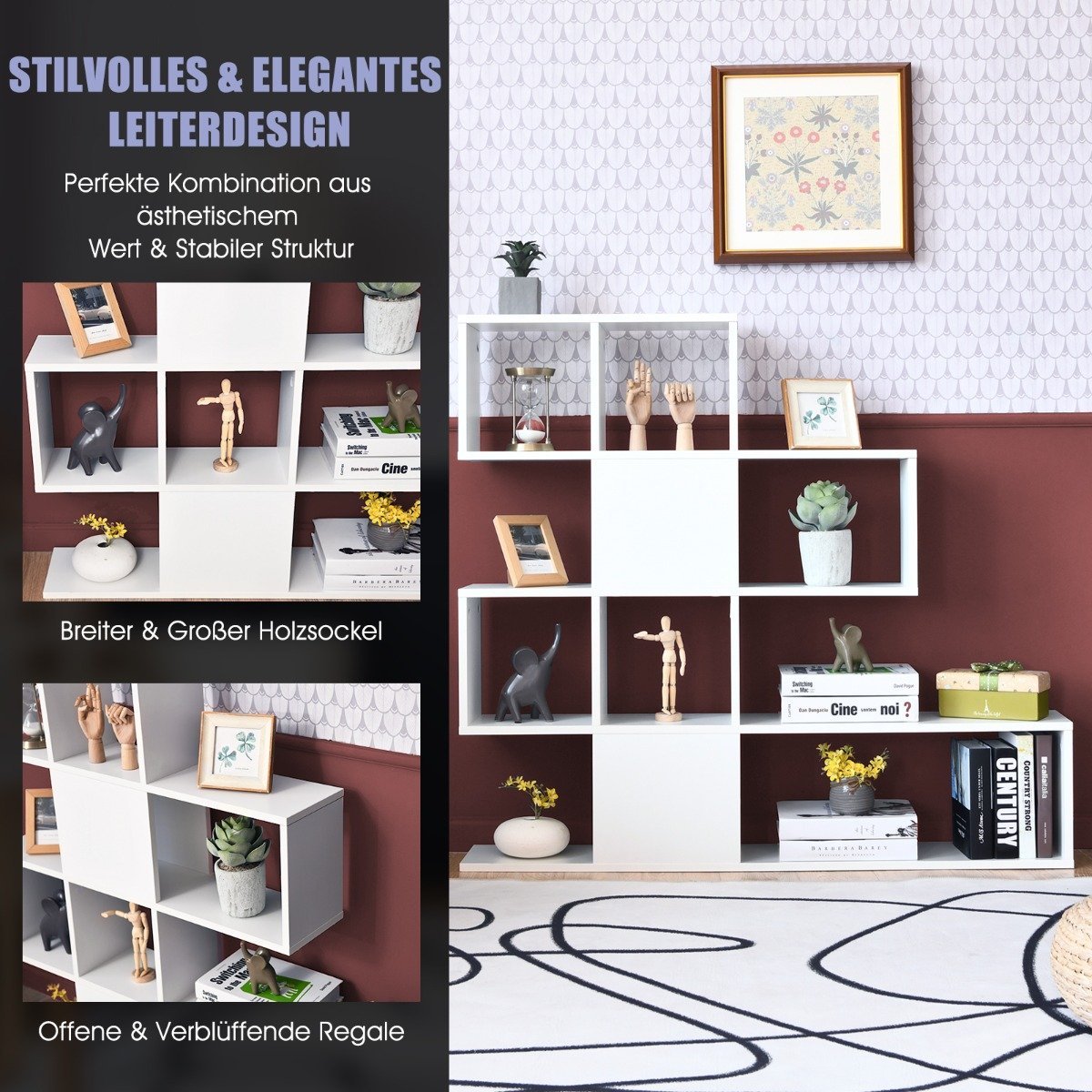 Modern 5 Tier Ladder Style Wooden Room Divider for Books 120 x 19.5 x 109 cm White