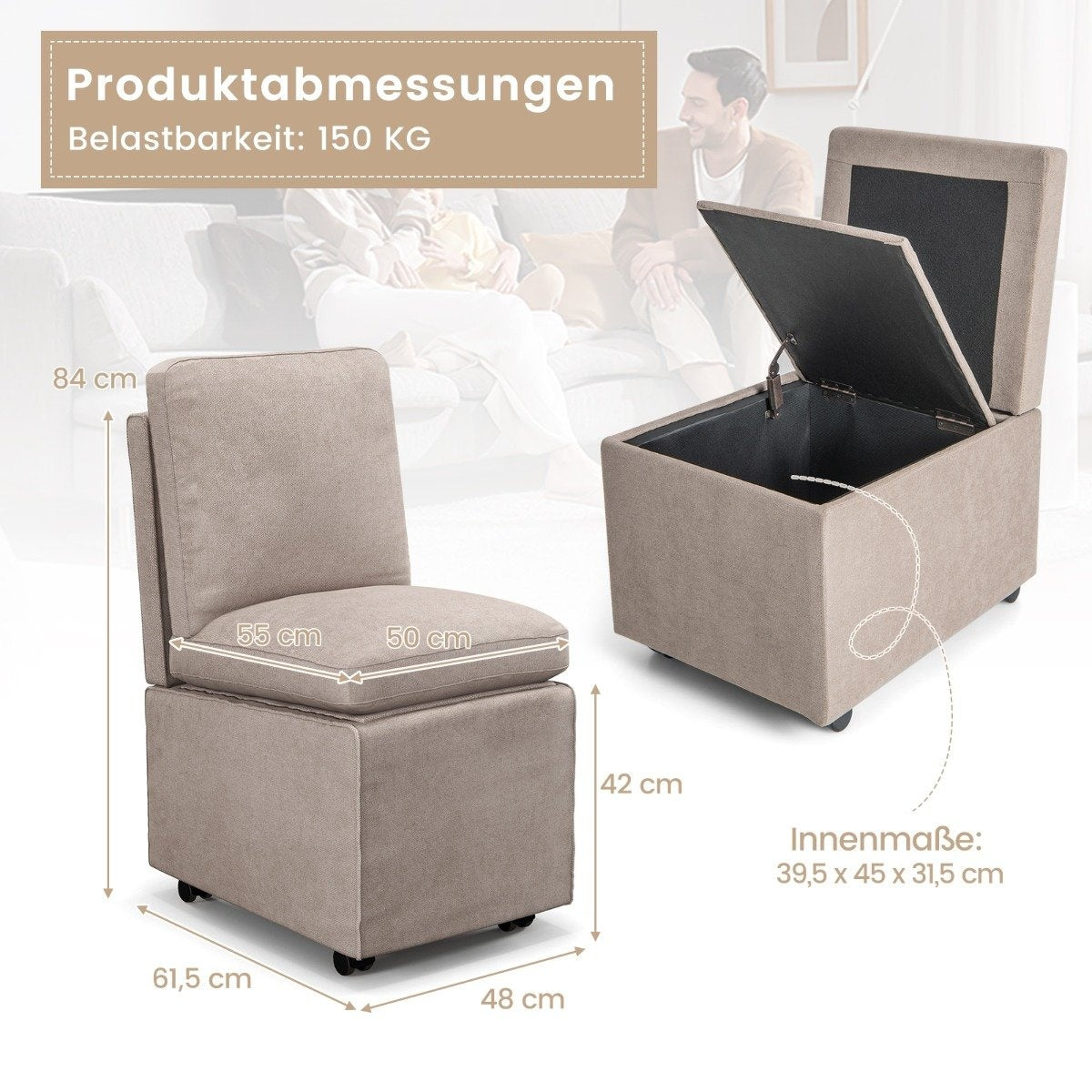 Modern Armless Accent Chair with Resistance Casters & Removable Thickened Cushion Leisure Chair 48 x 61.5 x 84 cm