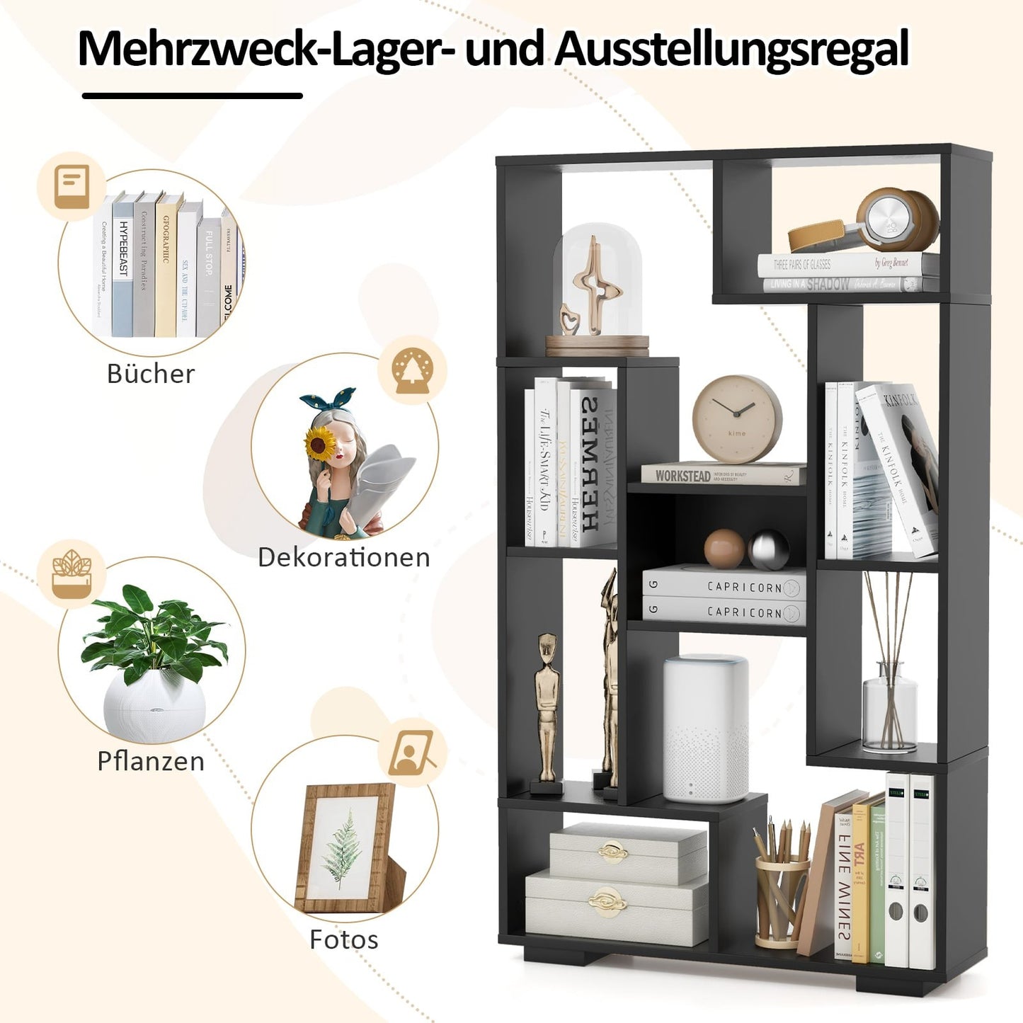 Modern Bookshelf with Open Shelves & Anti-Tip, Black