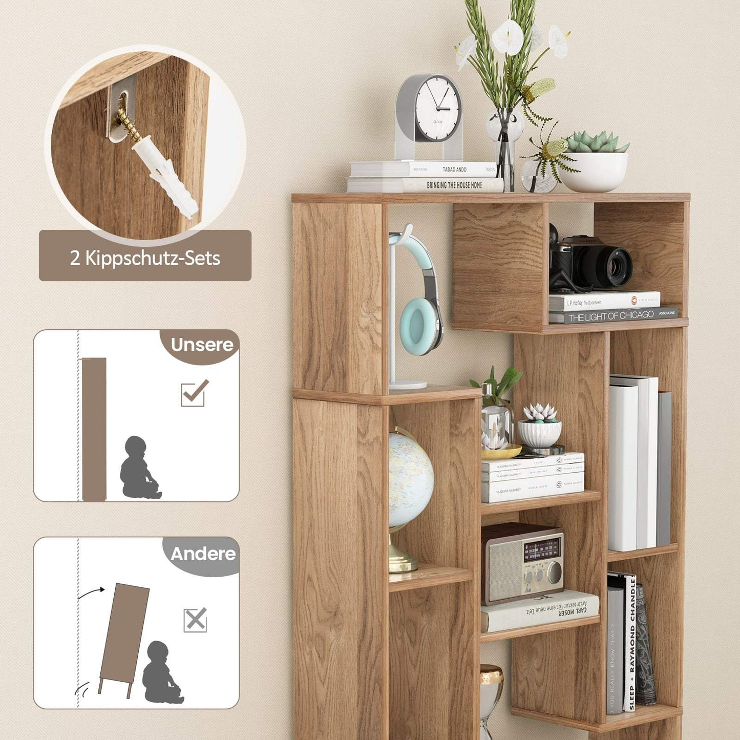 Modern Bookshelf with Open Shelves & Anti-Tip Design