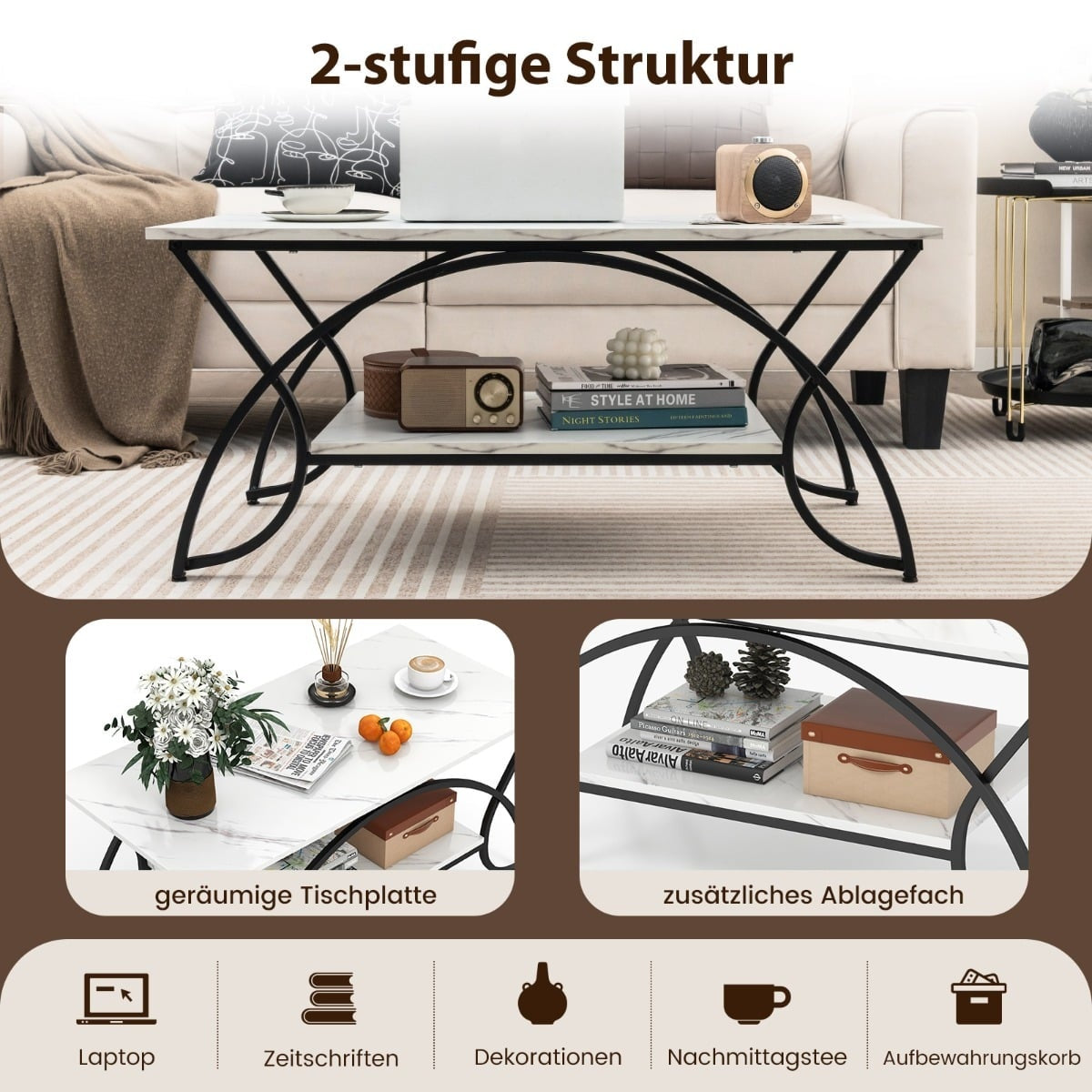 Modern Coffee Table, Faux Marble, 2-Tier, White/Black, 100x50x45 cm