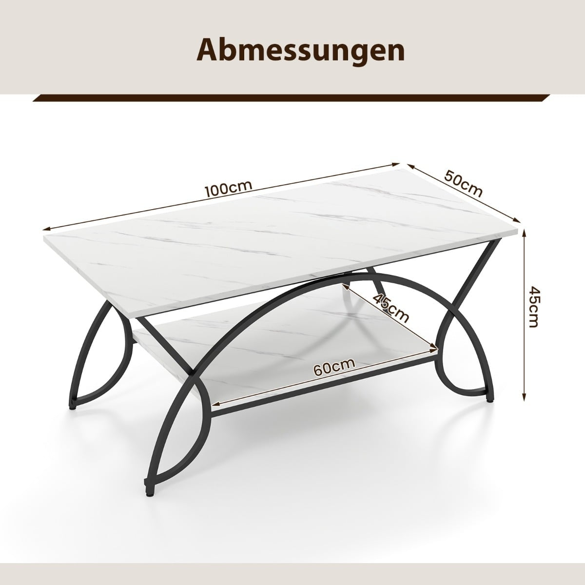 Modern Coffee Table, Faux Marble, 2-Tier, White/Black, 100x50x45 cm