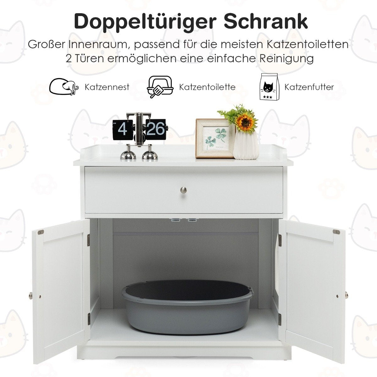 Modern Decorative Cat Litter Tray Side Table with Drawer and 2 Doors for Indoor Use White
