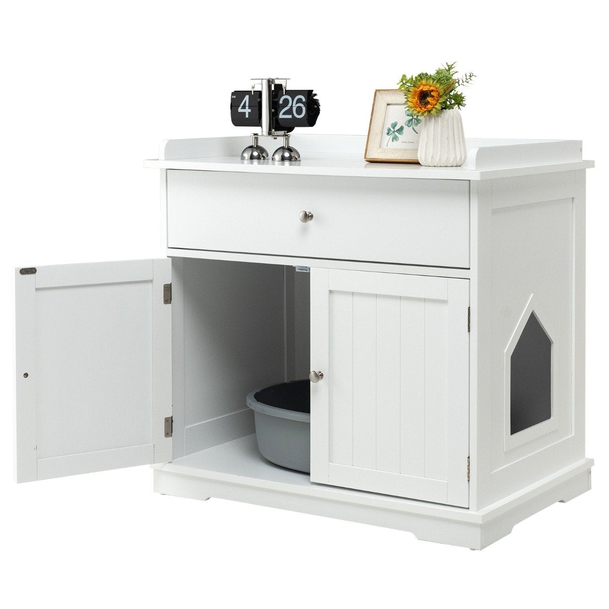 Modern Decorative Cat Litter Tray Side Table with Drawer and 2 Doors for Indoor Use White