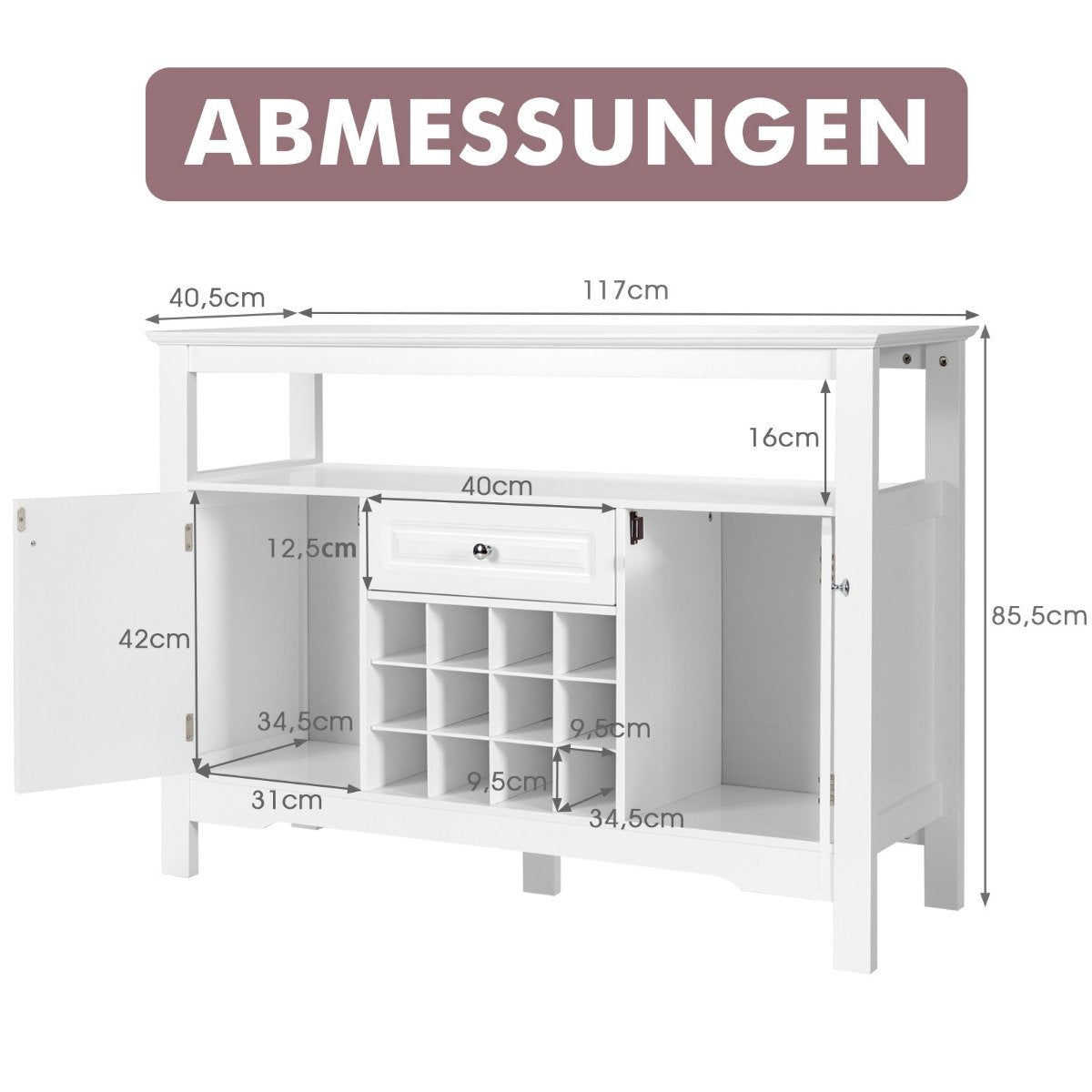 Modern Dining Room Buffet with Cross Shaped Wine Rack Open Shelf 2 Cabinets & Drawer White