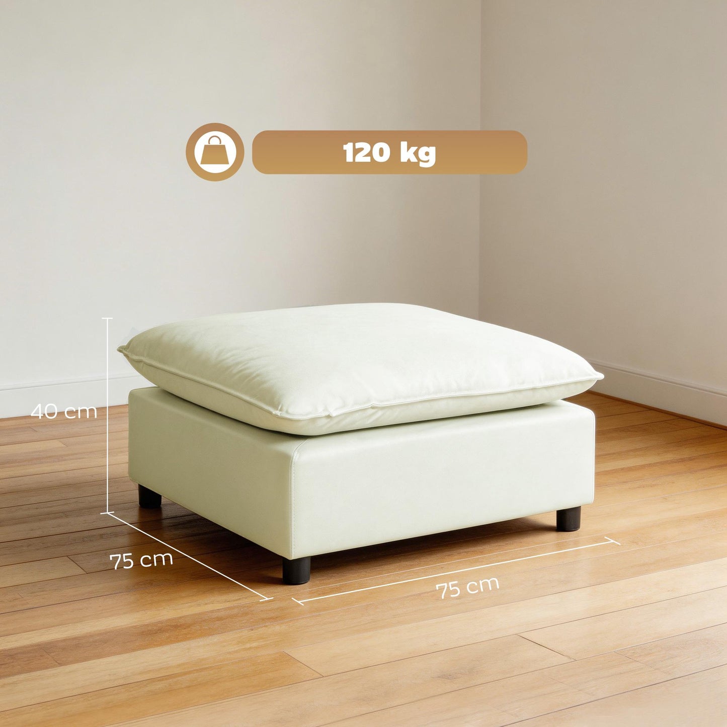 Modern Fabric Ottoman with Plastic Legs, 75 cm, Cream White