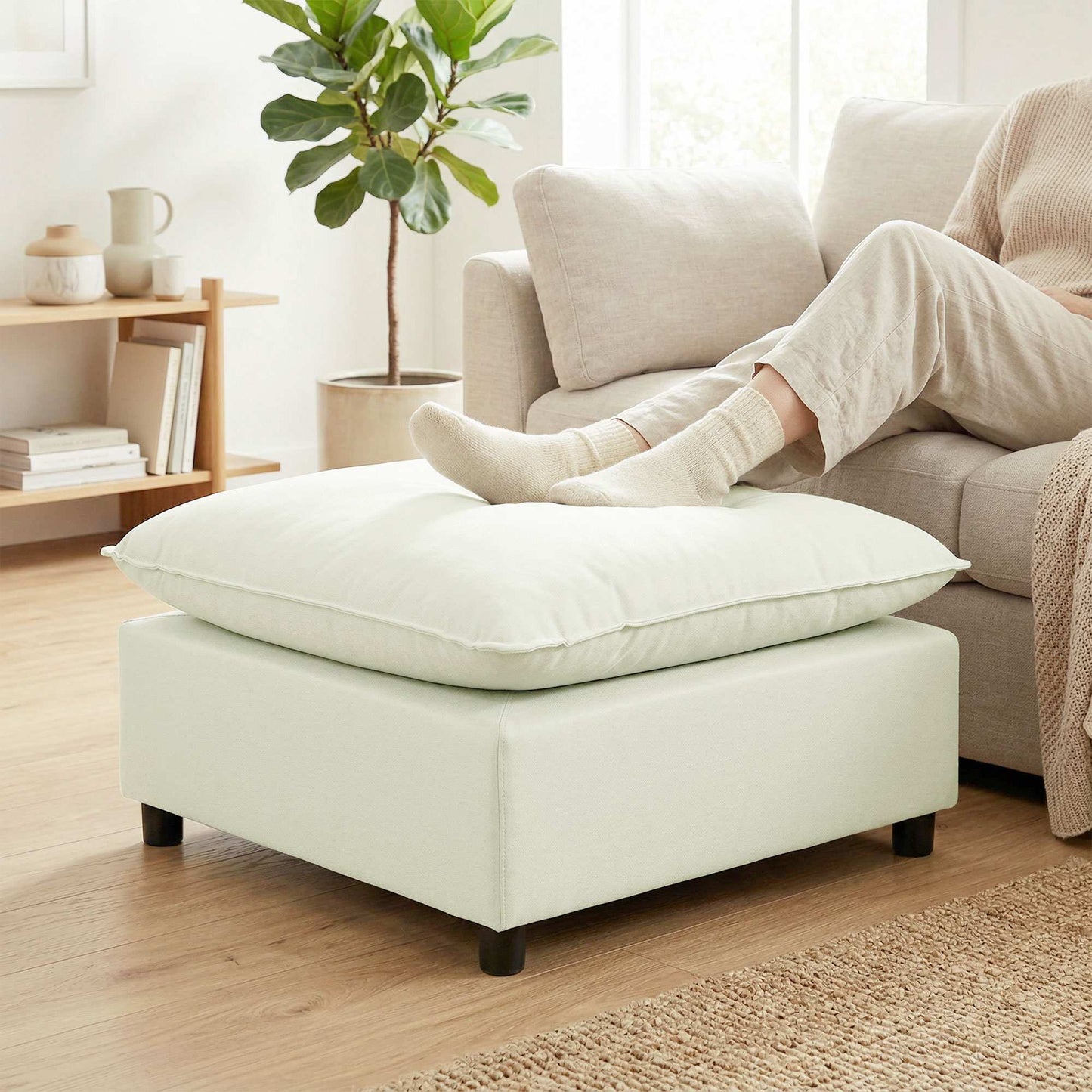 Modern Fabric Ottoman with Plastic Legs, 75 cm, Cream White