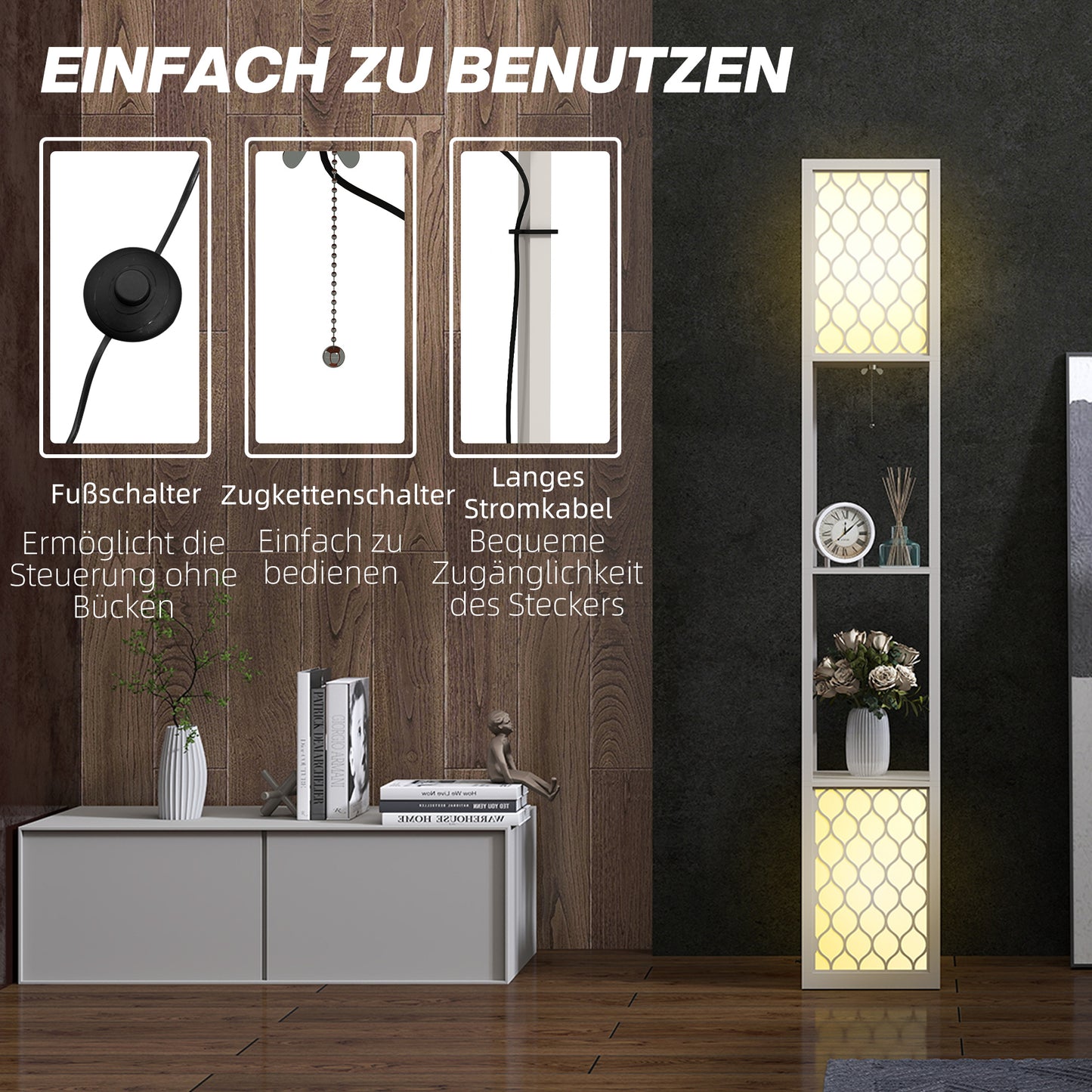 Modern Floor Lamp with Shelves, Pull Chain, Black/White