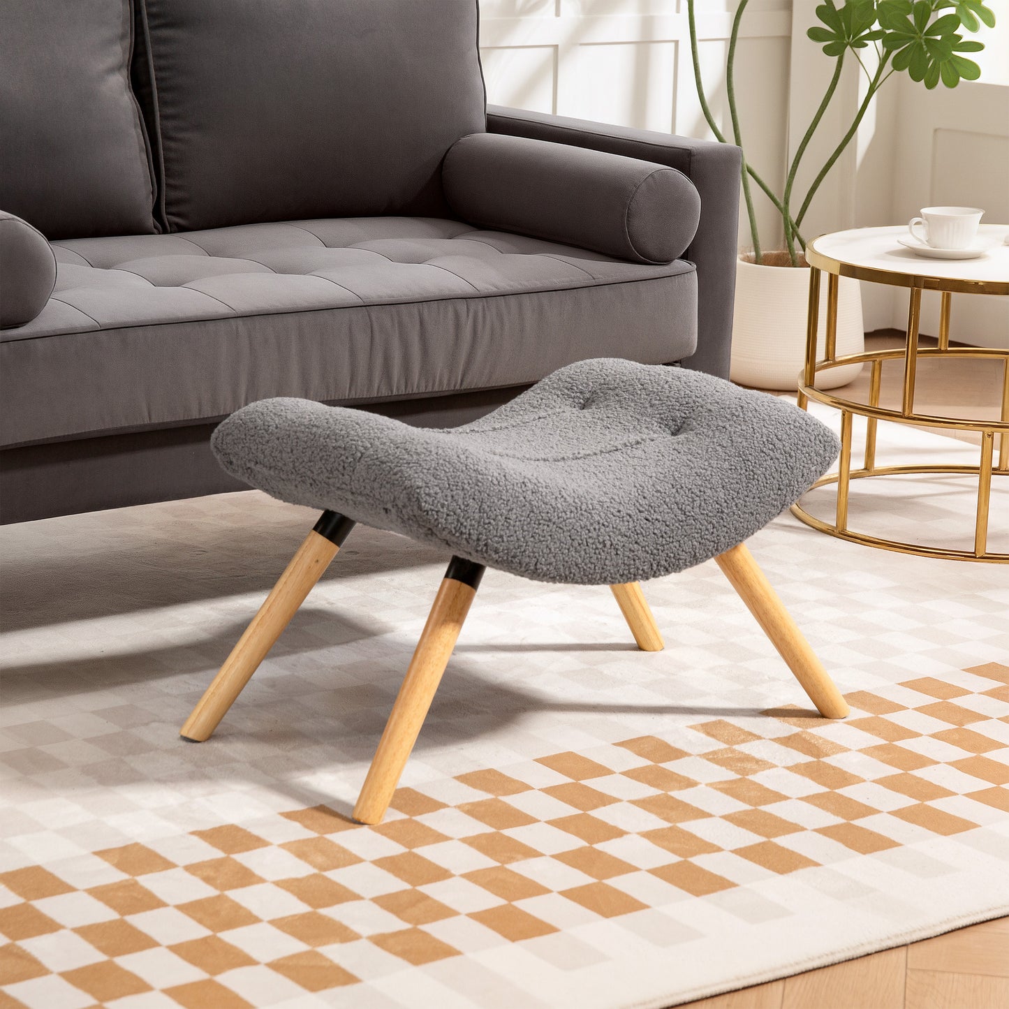 Modern Footstool with Fleece Cover, Wood Legs, Dark Grey