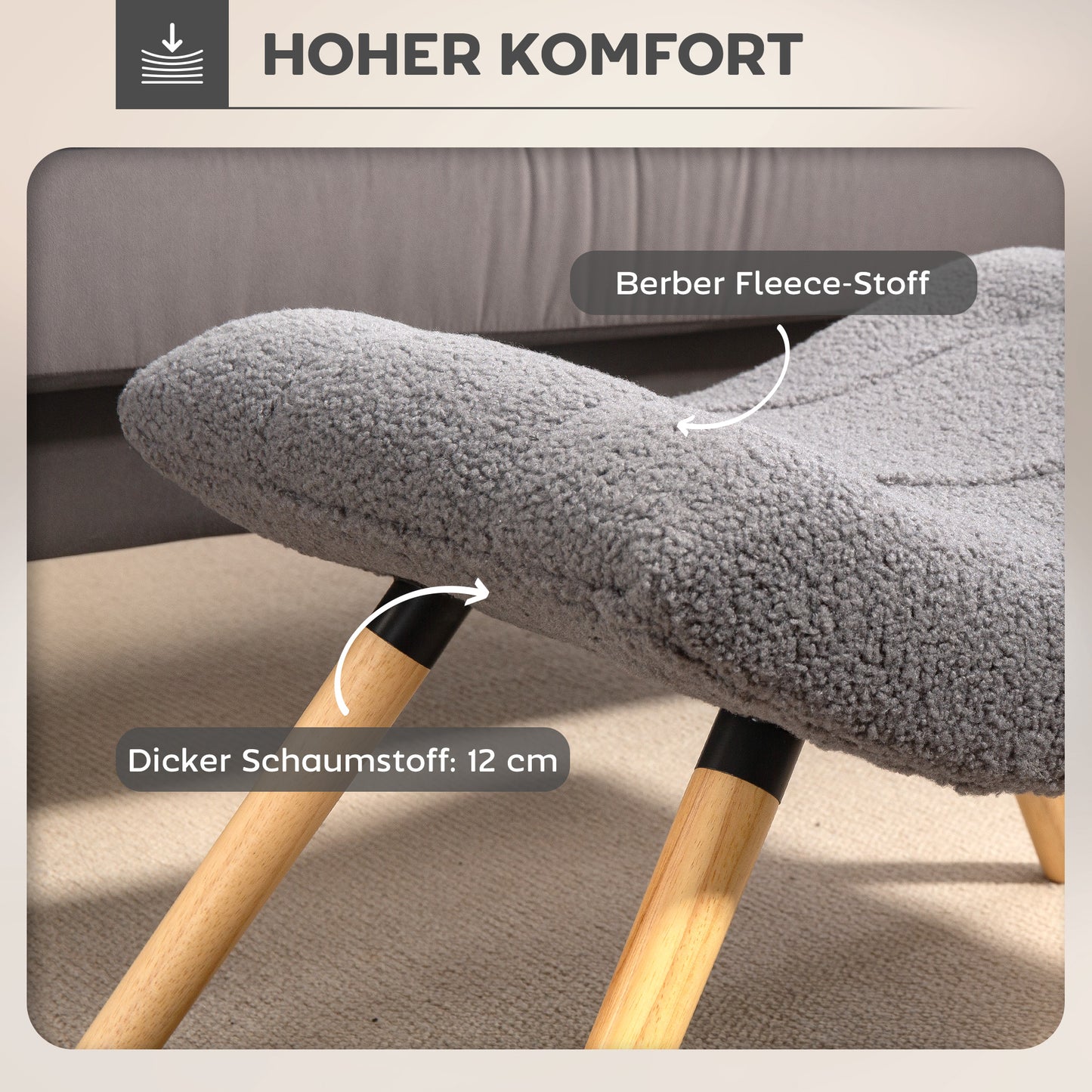 Modern Footstool with Fleece Cover, Wood Legs, Dark Grey