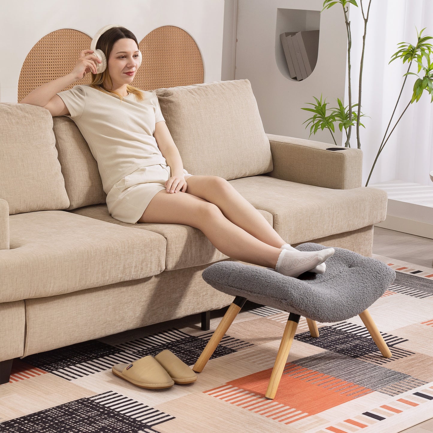 Modern Footstool with Fleece Cover, Wood Legs, Dark Grey
