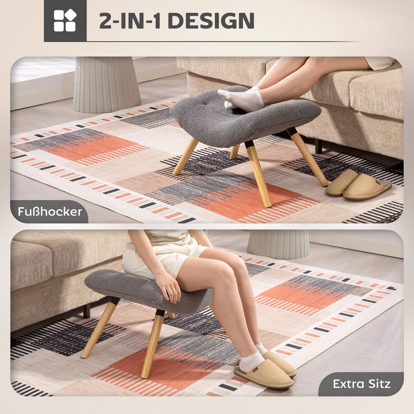 Modern Footstool with Fleece Cover, Wood Legs, Dark Grey