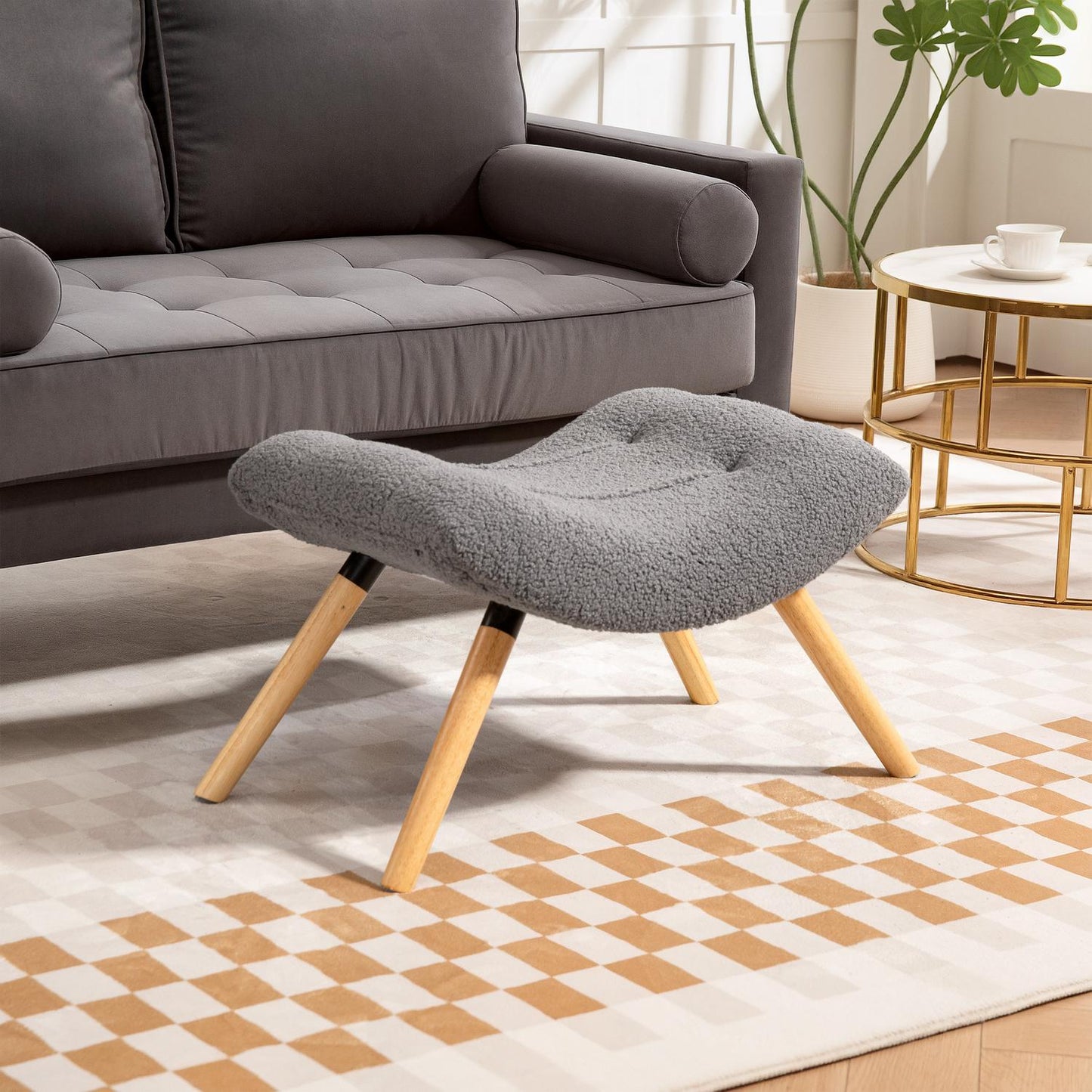 Modern Footstool with Fleece Cover, Wood Legs, Dark Grey
