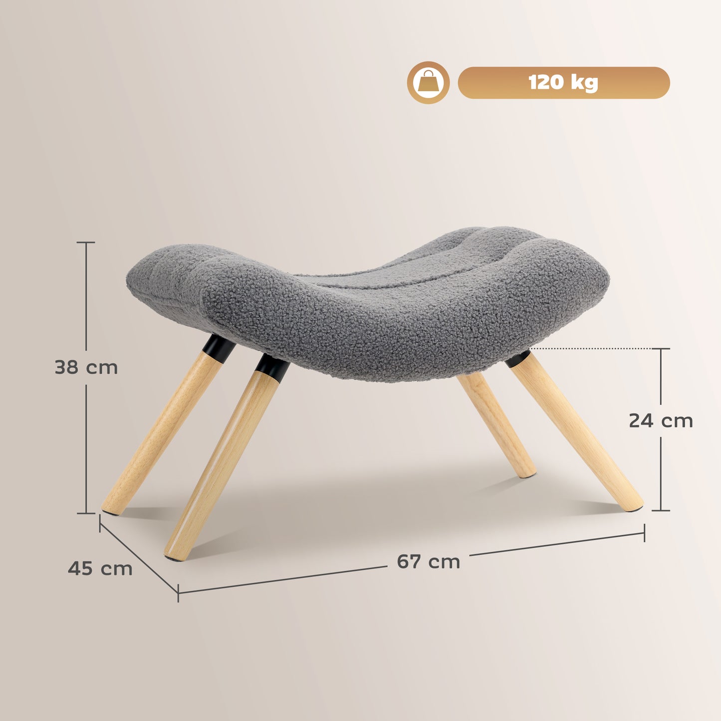 Modern Footstool with Fleece Cover, Wood Legs, Dark Grey