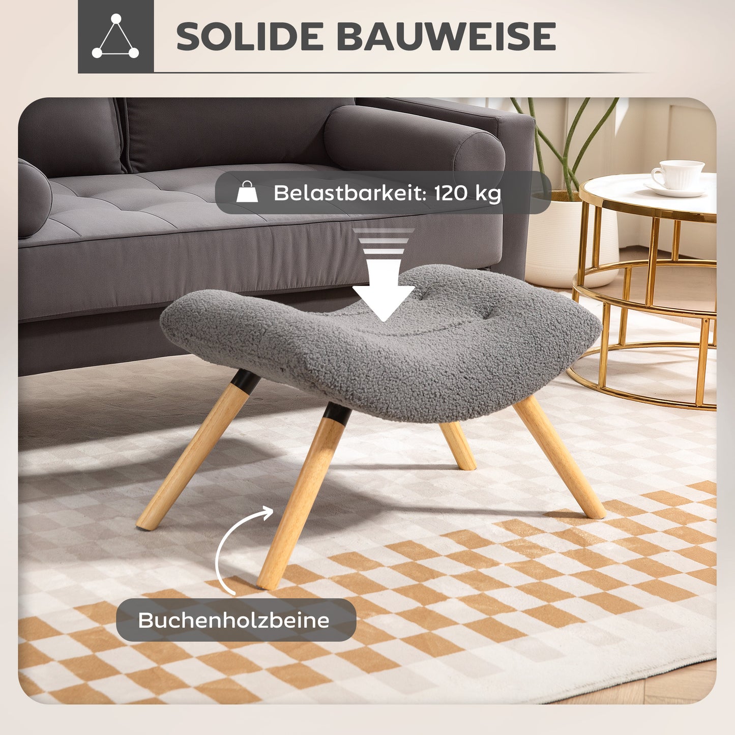 Modern Footstool with Fleece Cover, Wood Legs, Dark Grey