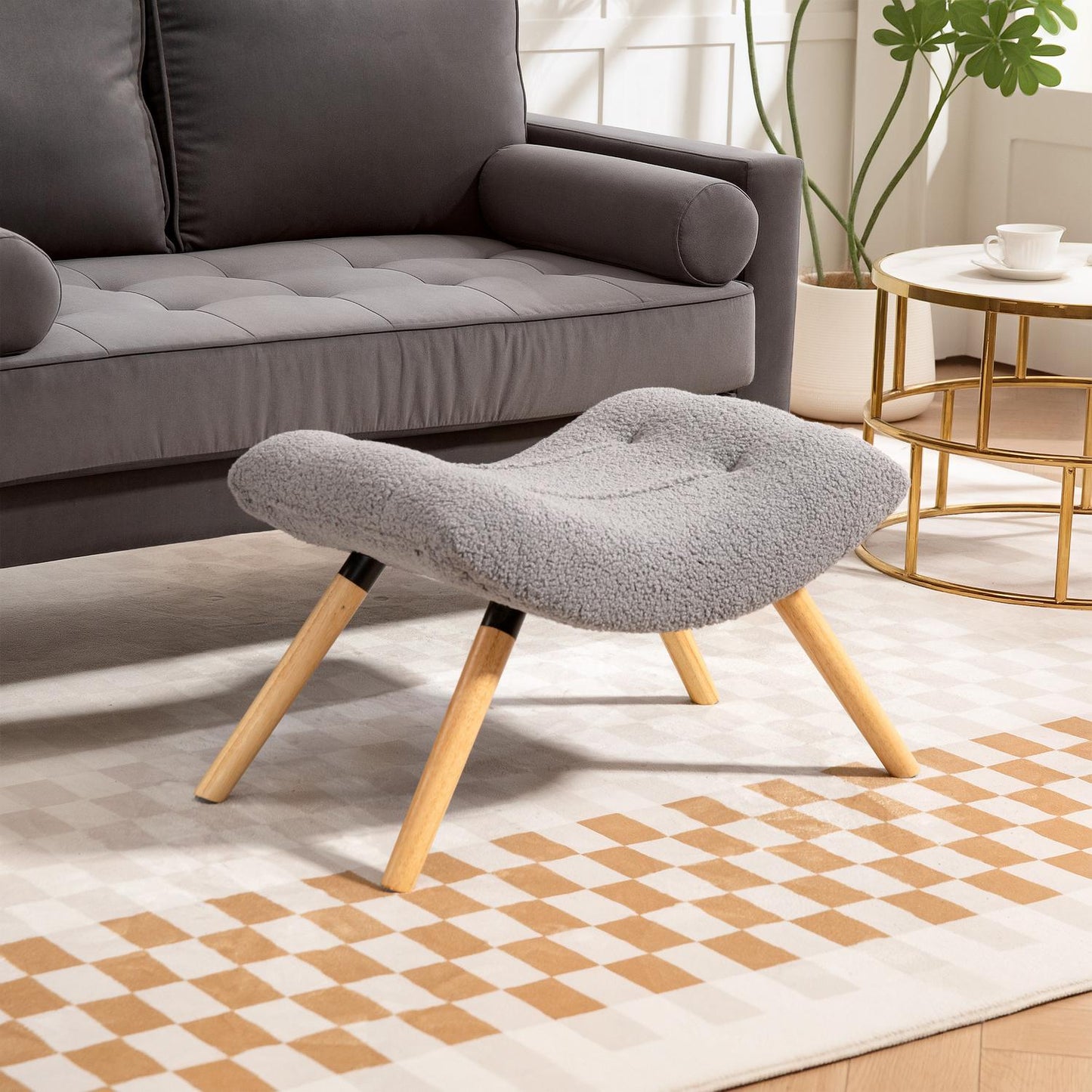 Modern Footstool with Fleece Cover and Wooden Legs, Light Grey