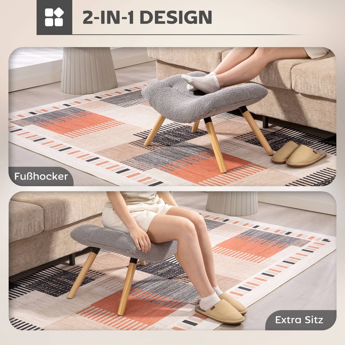 Modern Footstool with Fleece Cover and Wooden Legs, Light Grey