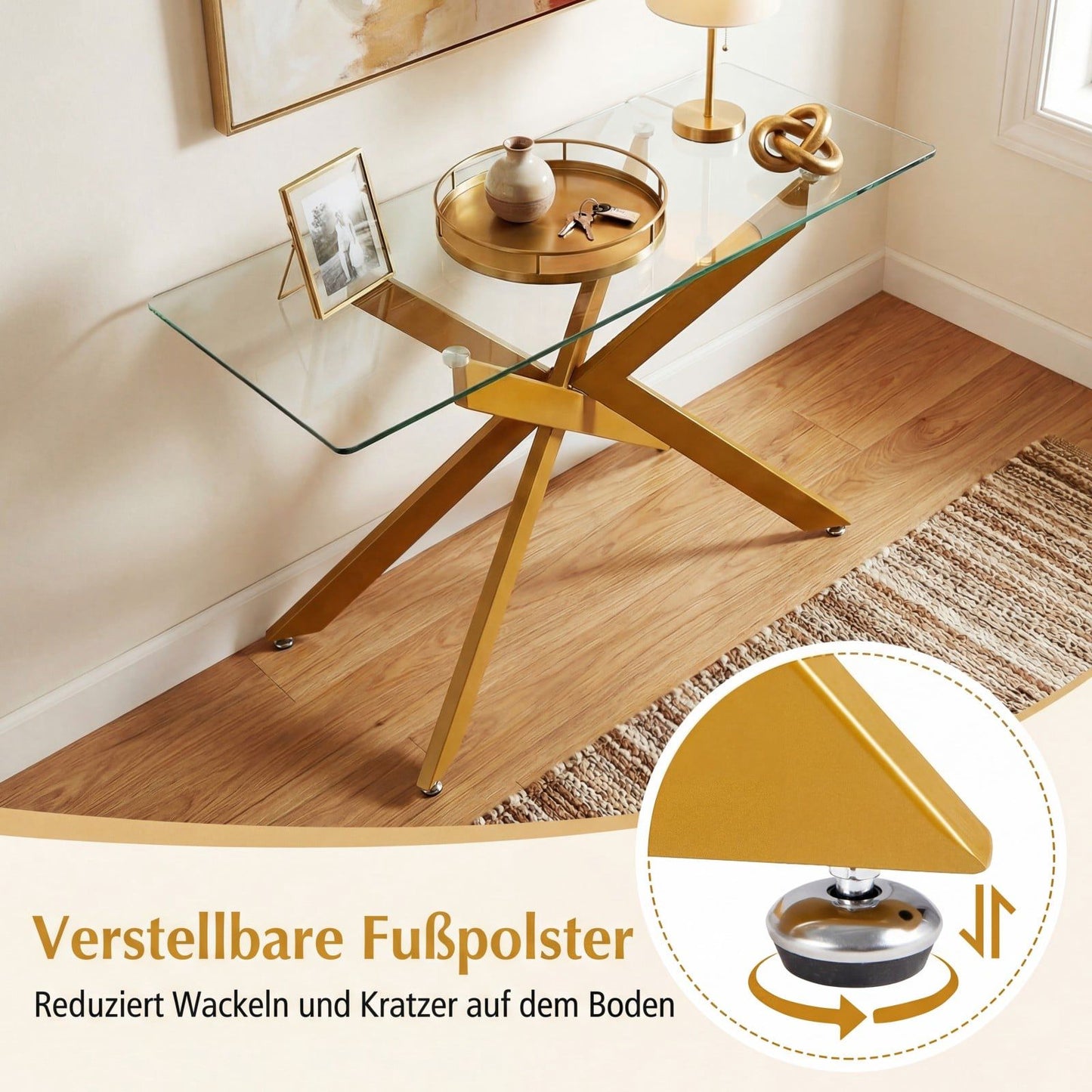 Modern Glass Console Table with Gold Metal Legs