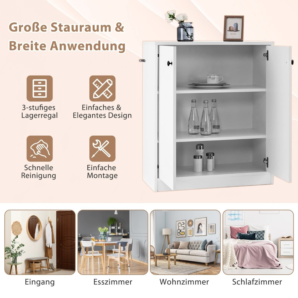 Modern White Sideboard – 2 Doors, 3 Shelves, Storage Cabinet
