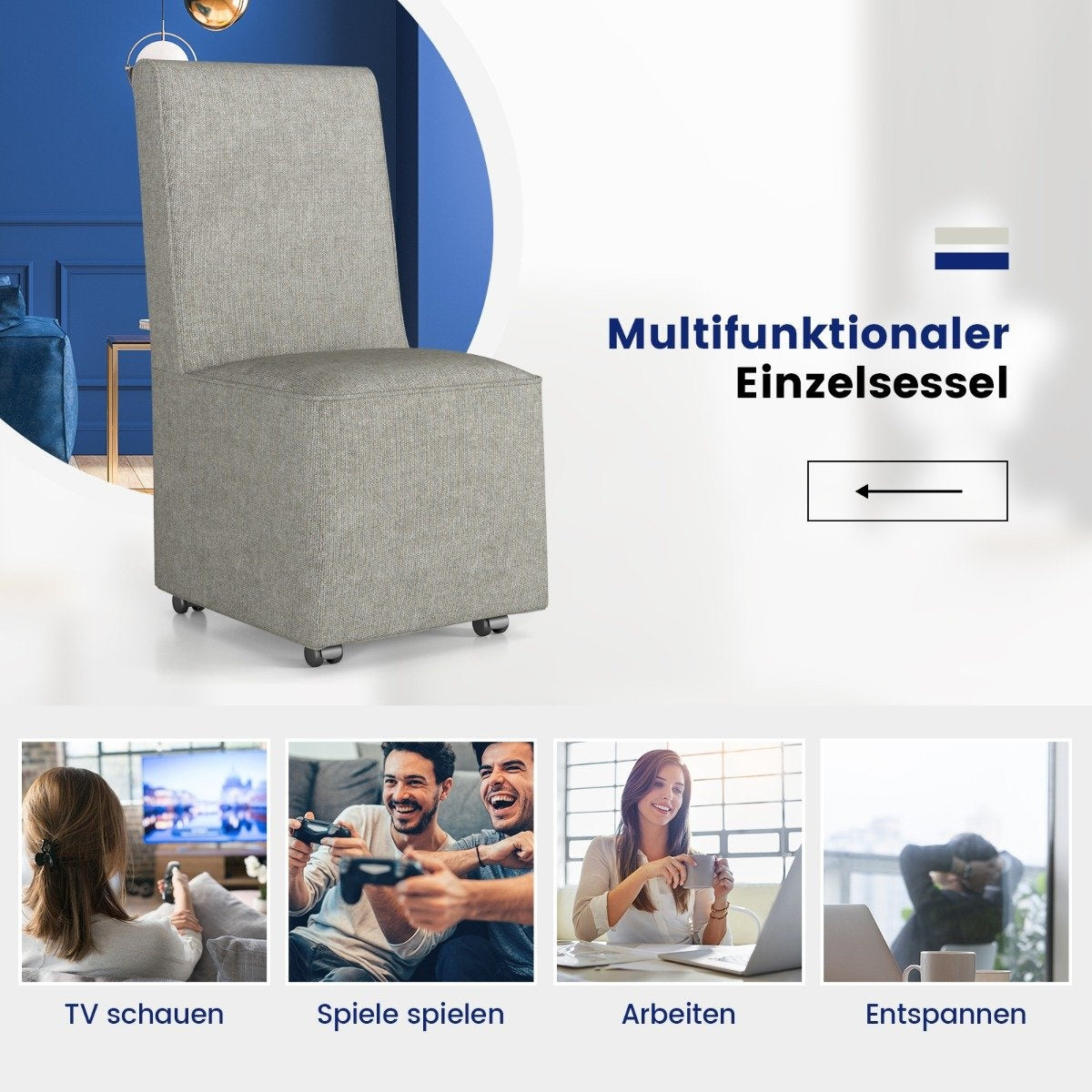 Modern armless accent chair with resistance casters & removable cover comfortable reading chair 47 x 60.5 x 98 cm