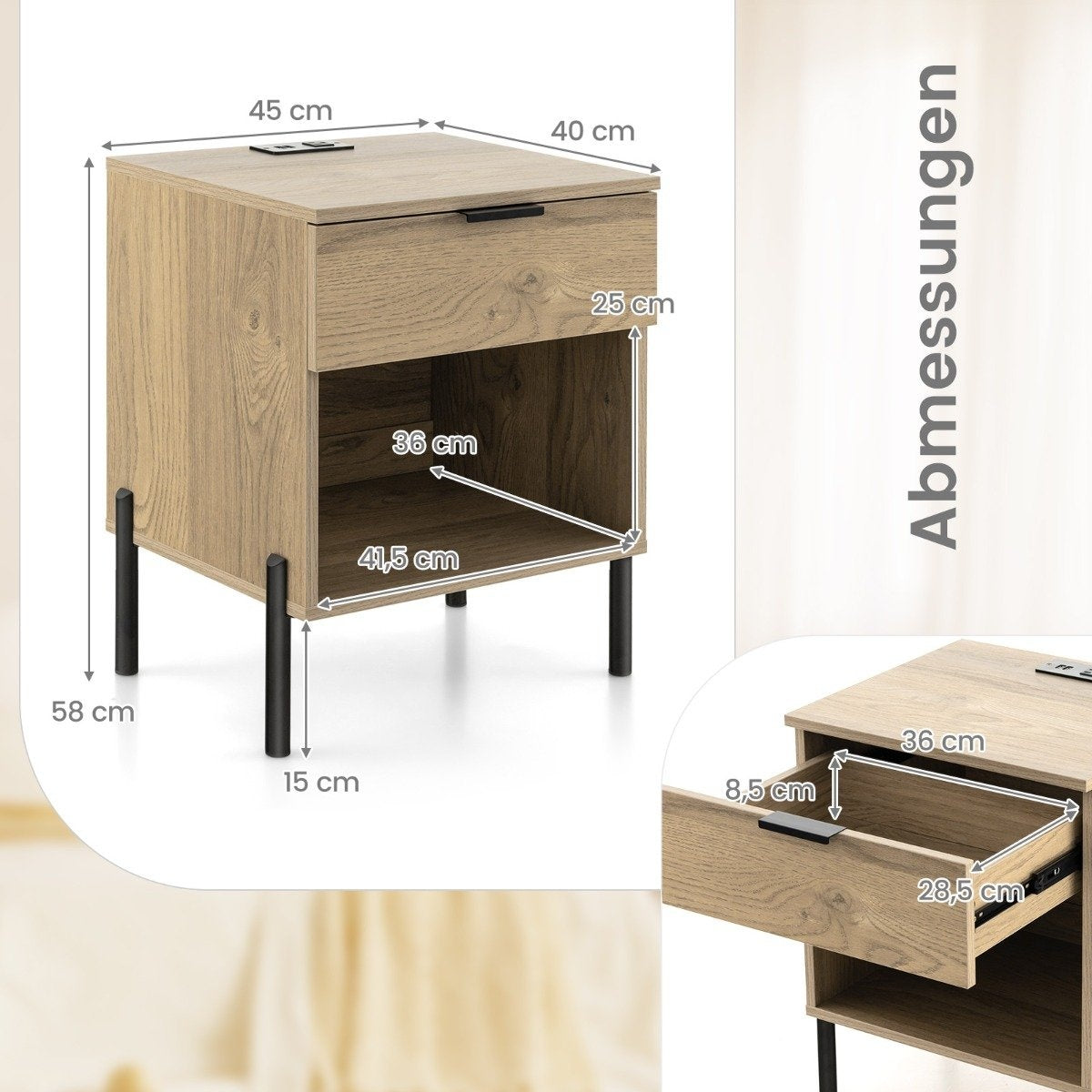 Modern bedside table with charging station & drawer & open compartment side table storage table