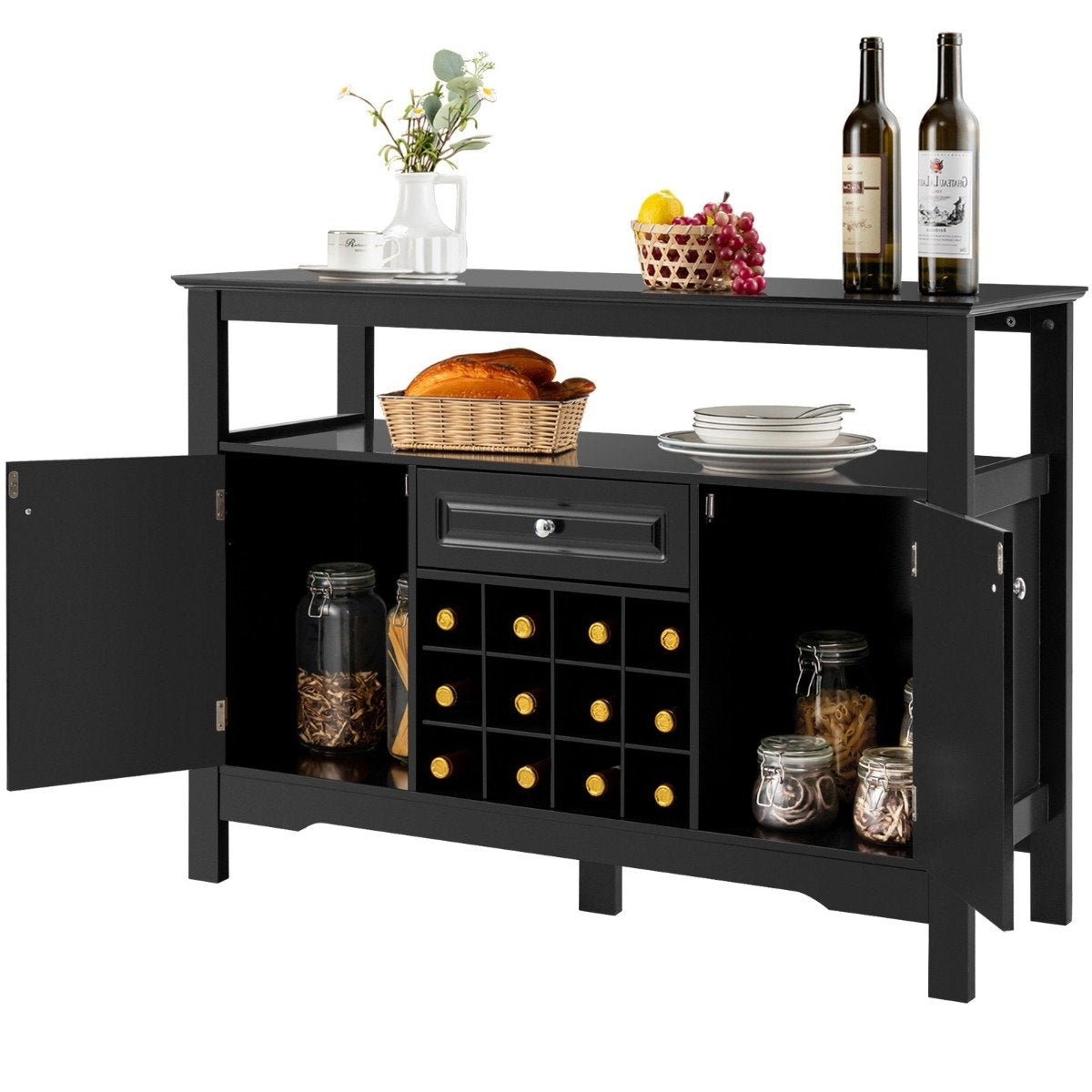 Modern dining room buffet with wine rack and cabinets & drawer 117 x 40.5 x 82.5 cm black