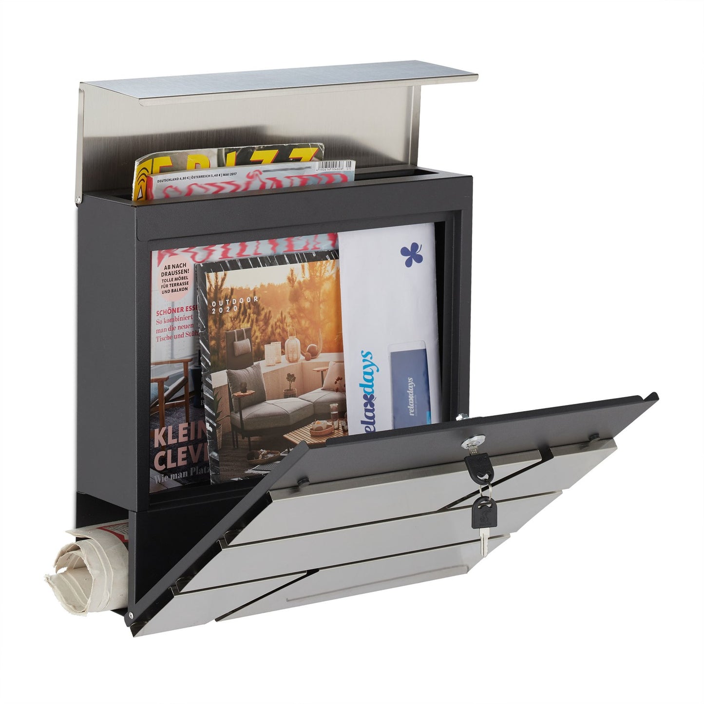 Modern mailbox with newspaper holder