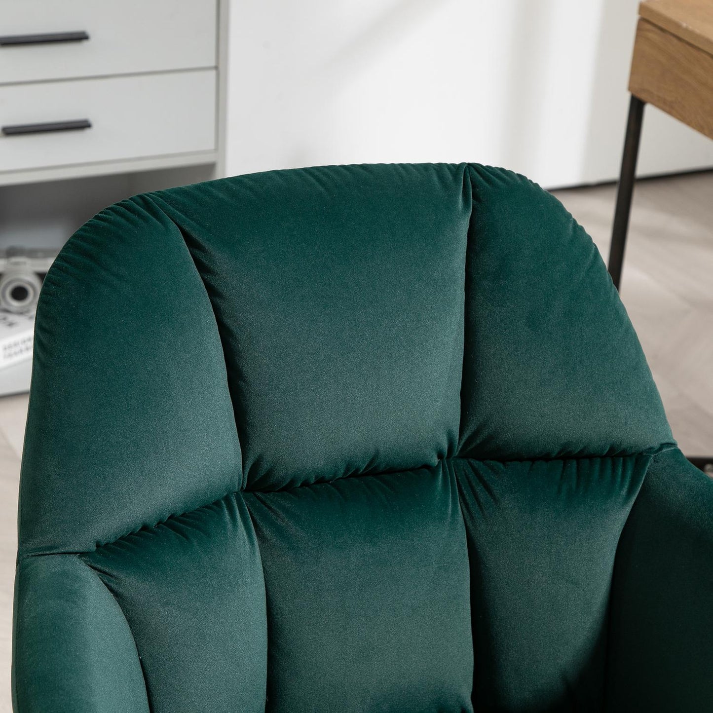 Green Velvet Look Swivel Office Chair, Adjustable With Armrest