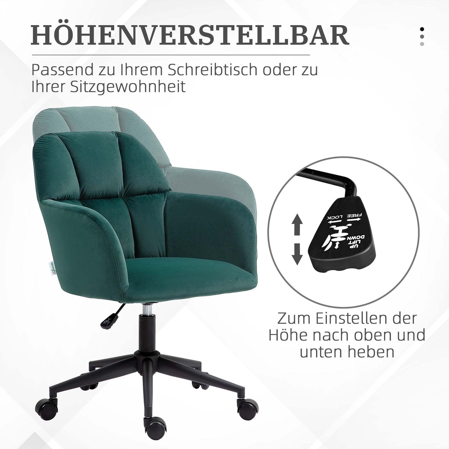 Green Velvet Look Swivel Office Chair, Adjustable With Armrest