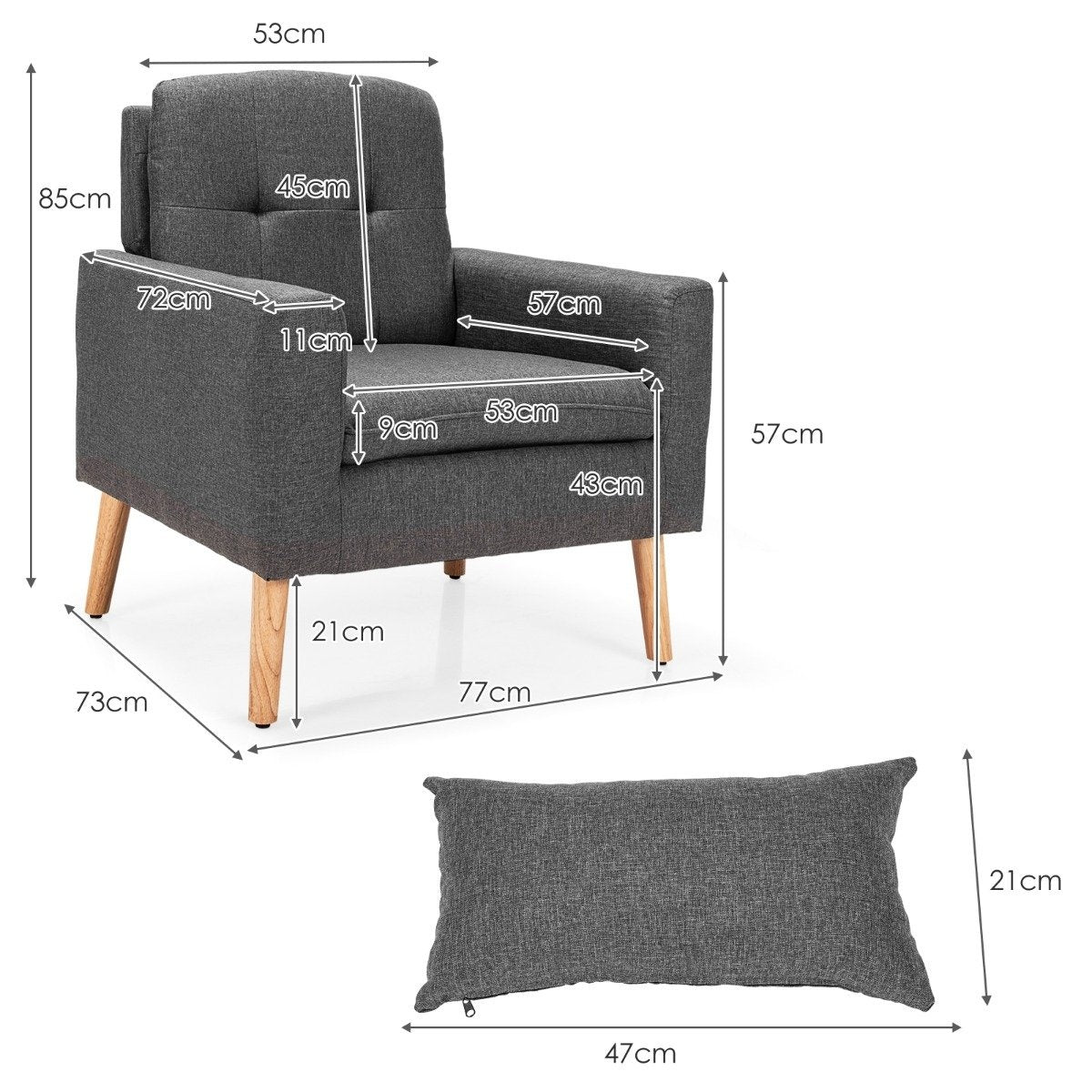 Modern relax chair with armrests & back cushions. Padded single sofa gray 73 x 77 x 85 cm