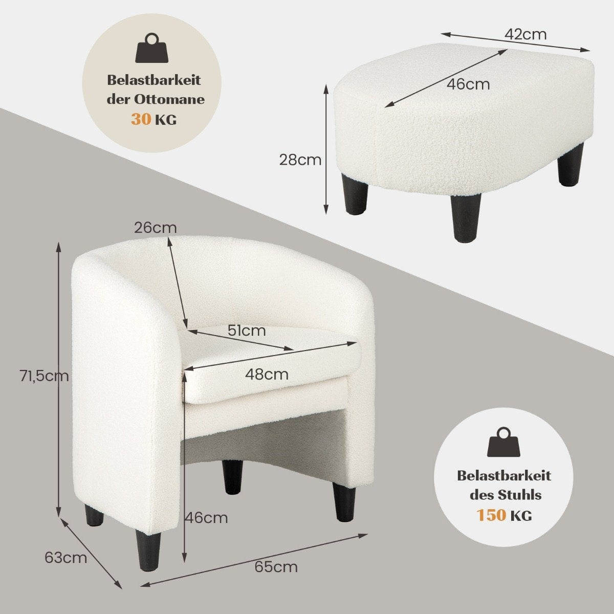 Modern round armchair with ottoman upholstered club chair with footrest beige