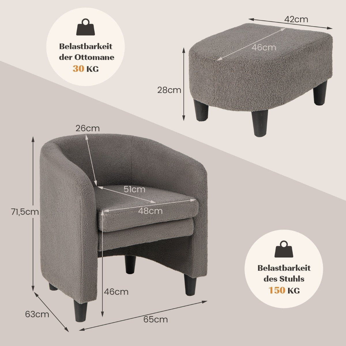 Modern round armchair with ottoman upholstered club chair with footrest gray