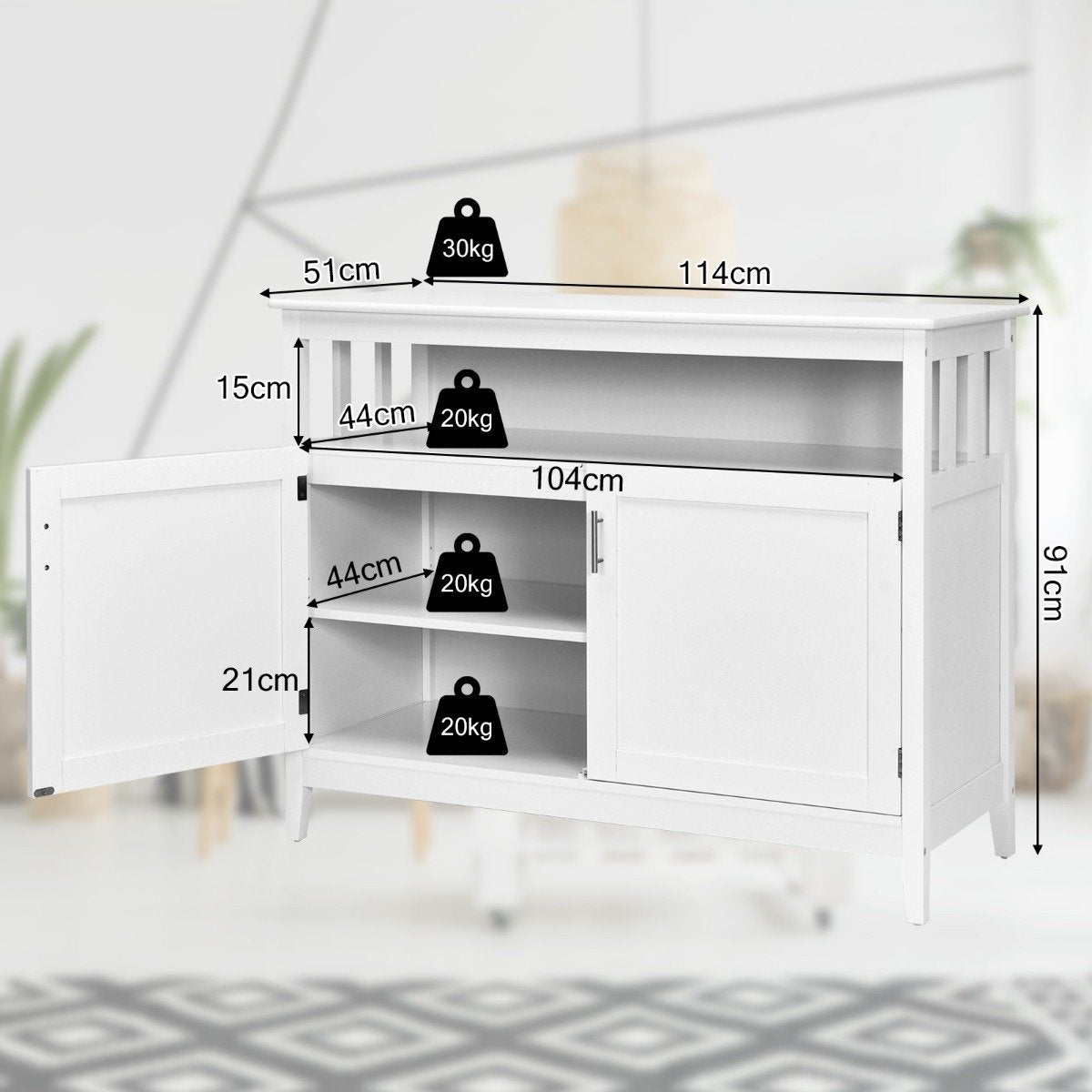 Modern storage cabinet sideboard with adjustable inner shelf and 2 doors white