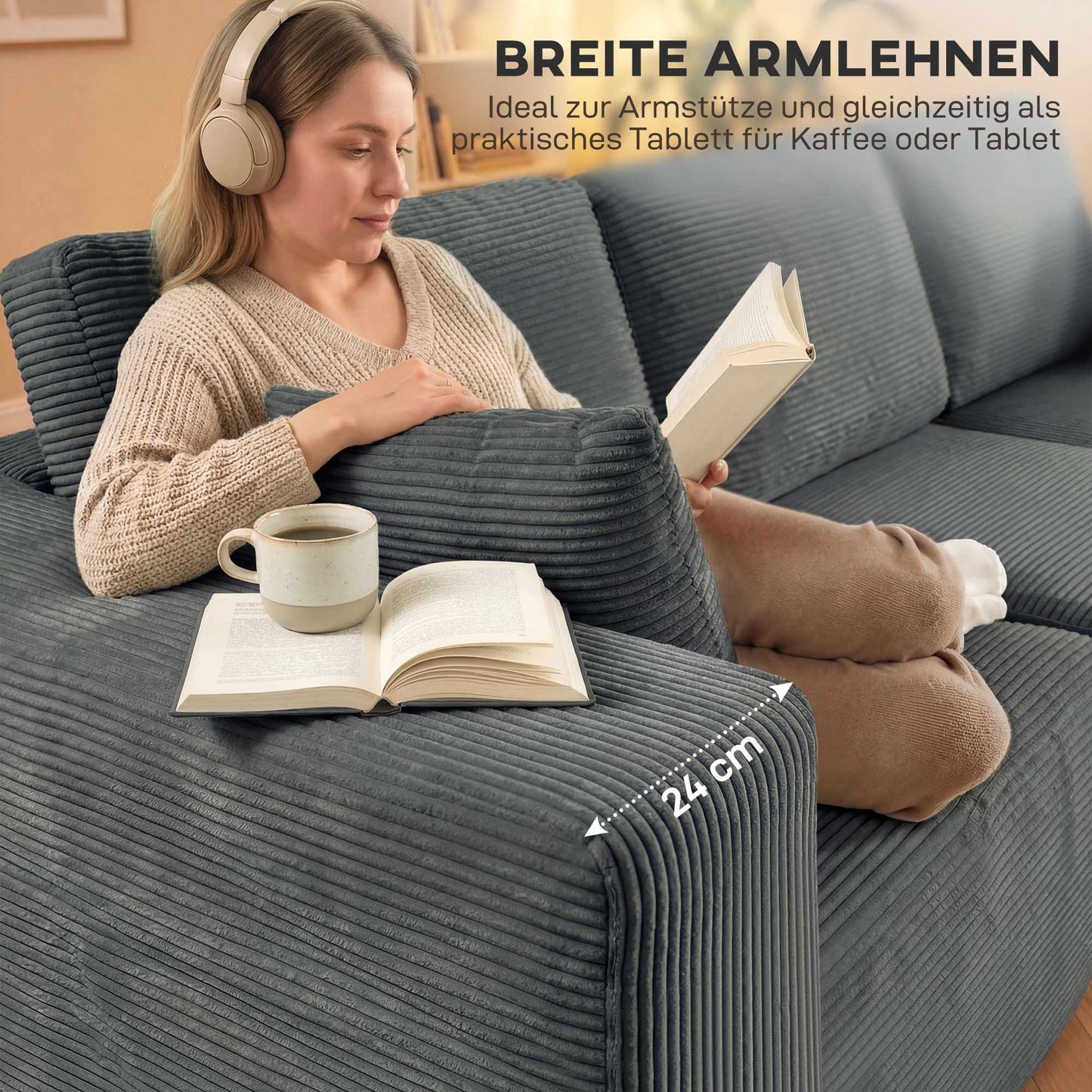 Modular L-Shaped Sofa Bed, Deep Seat, Corduroy, Dark Grey