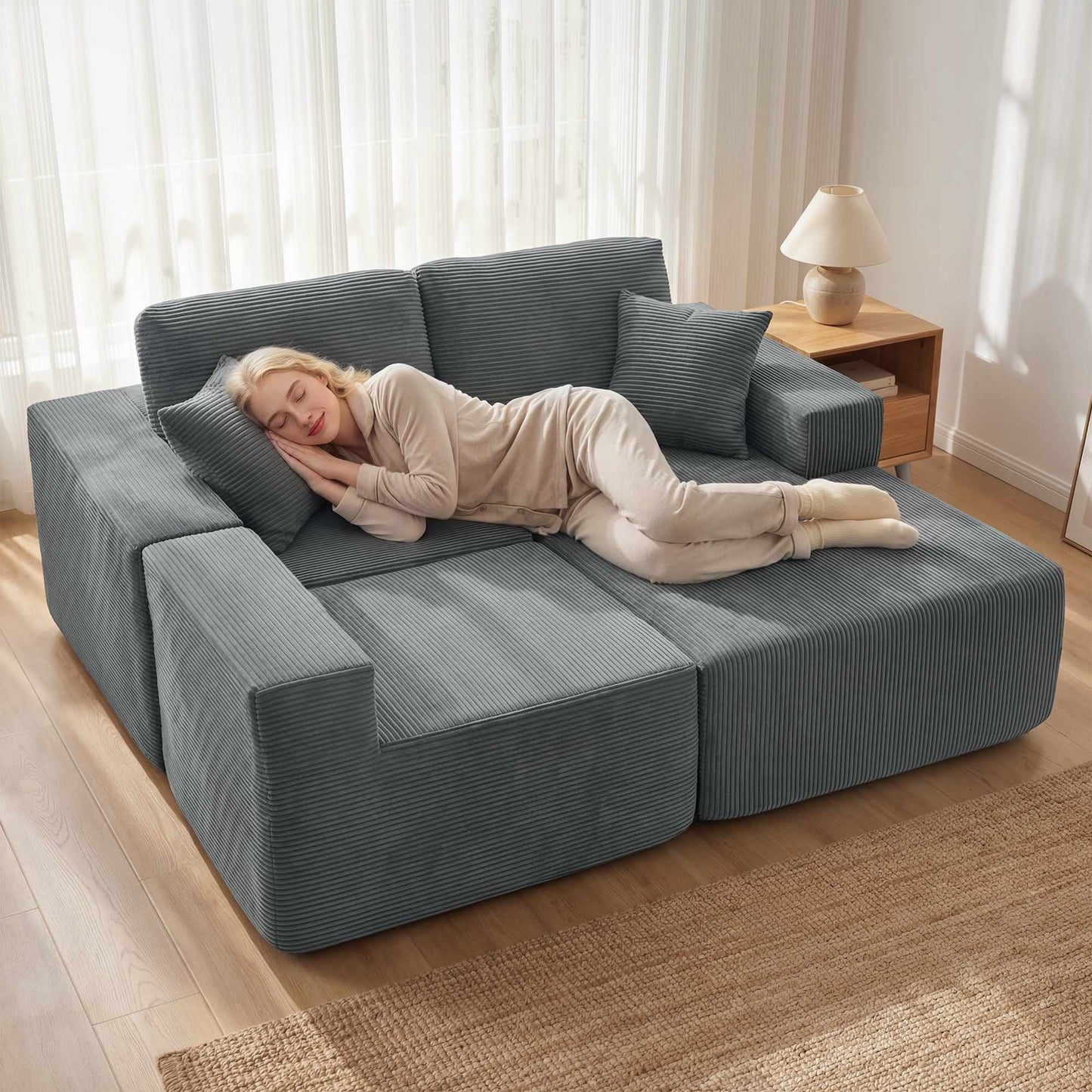 Modular L-Shaped Sofa Bed, Deep Seat, Corduroy, Dark Grey