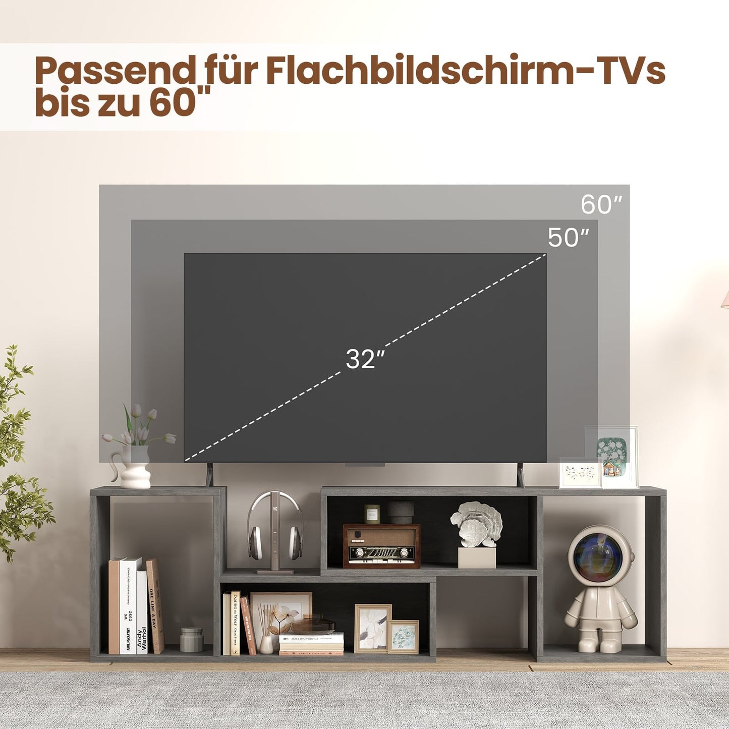 Modular TV Stand for 60" Screens, Gray, 2-Piece Set