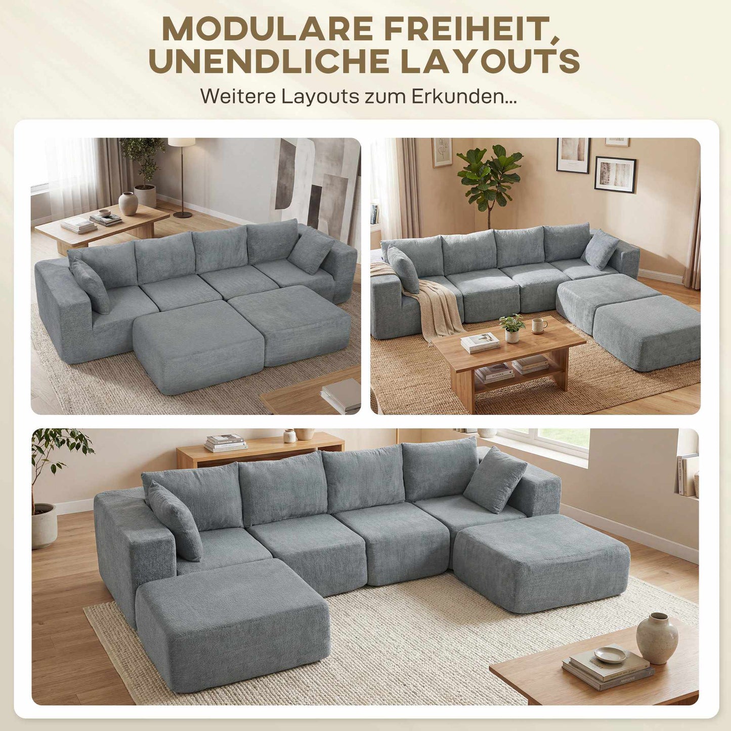 Modular U-Shaped Sofa with Deep Seats, 2 Ottomans, Dark Gray