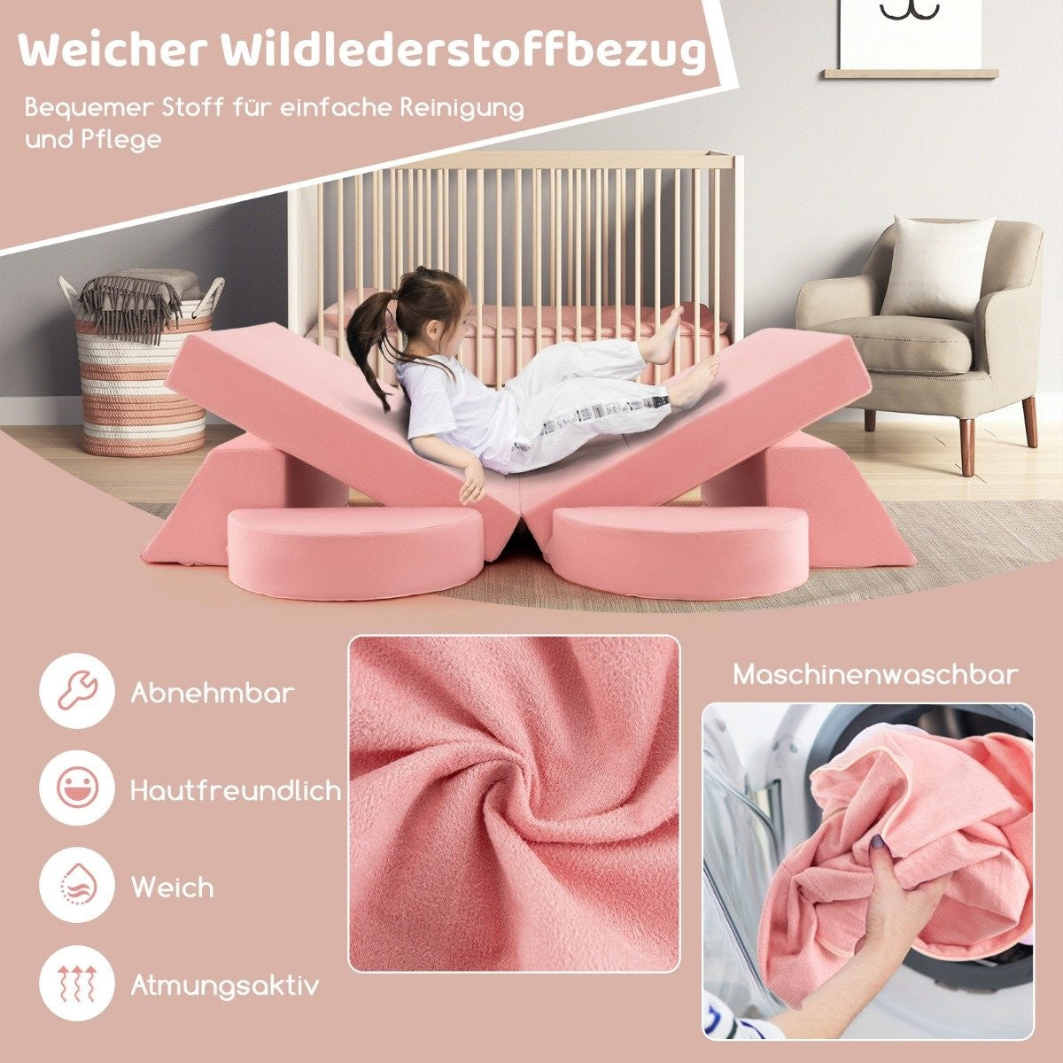 Modular children's sofa, play sofa, modular sofa with removable cover, 105.5 x 101 x 48 cm, pink