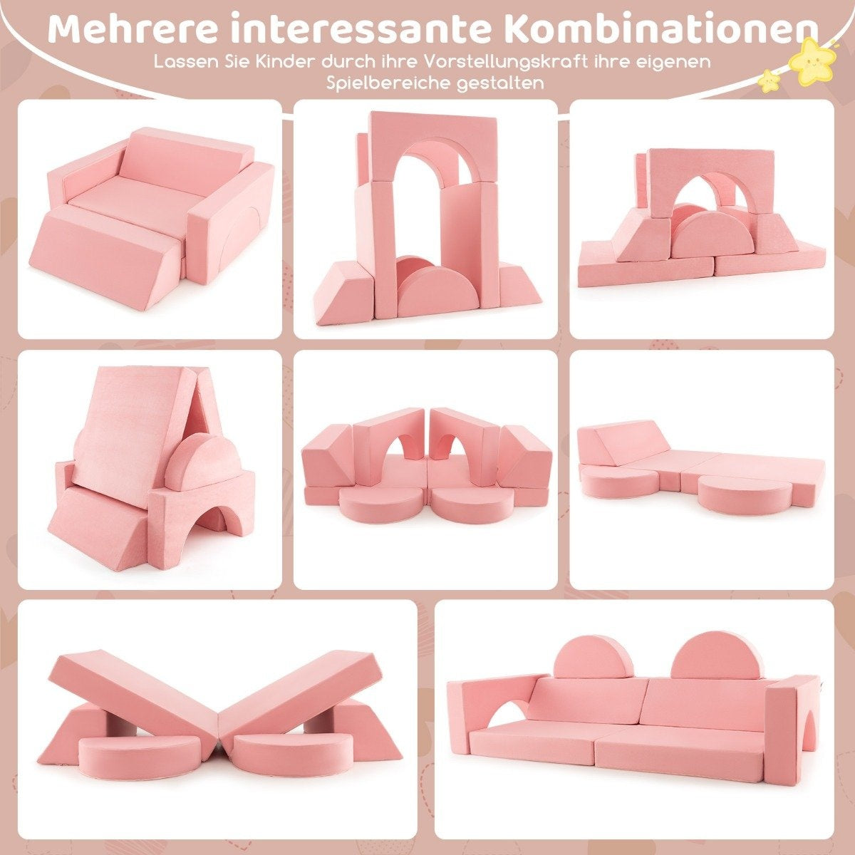 Modular children's sofa, play sofa, modular sofa with removable cover, 105.5 x 101 x 48 cm, pink