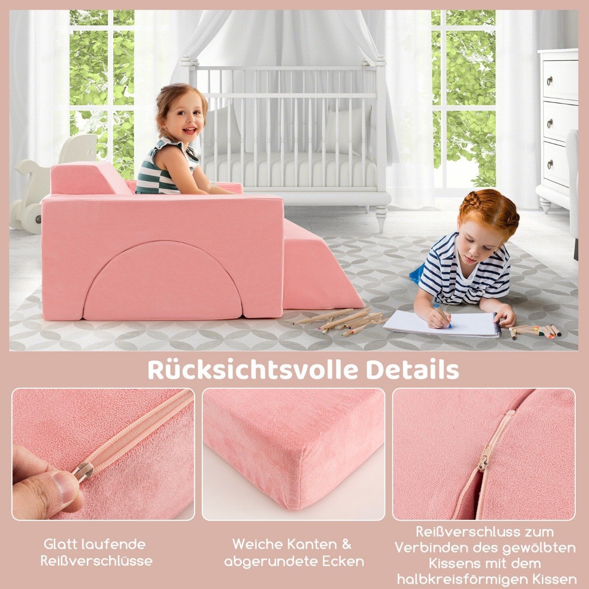 Modular children's sofa, play sofa, modular sofa with removable cover, 105.5 x 101 x 48 cm, pink