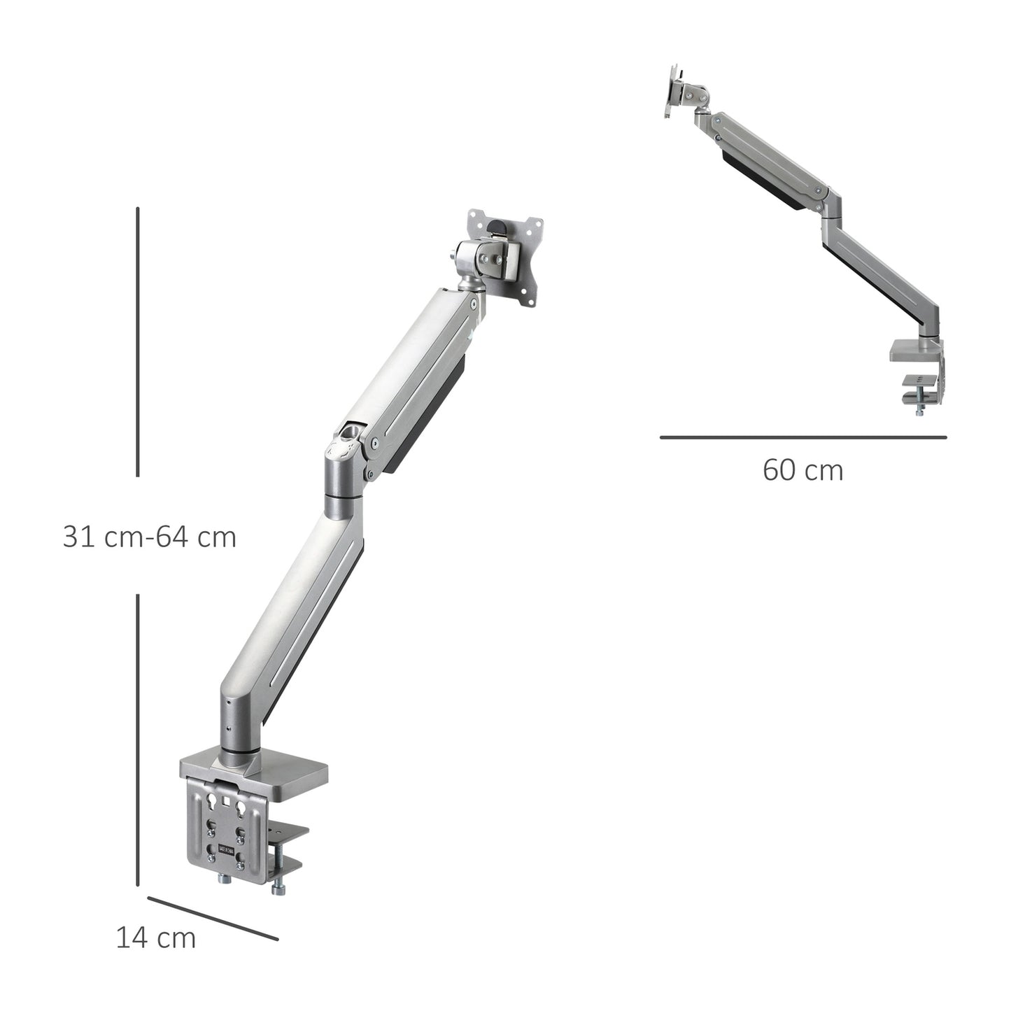 Adjustable monitor holder in aluminium, height and tilt