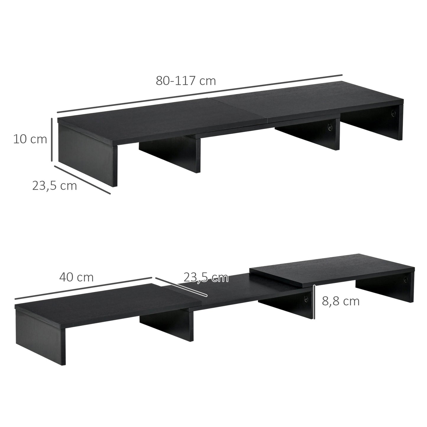 Adjustable stand with double monitors, wooden shelf, 80-117cm
