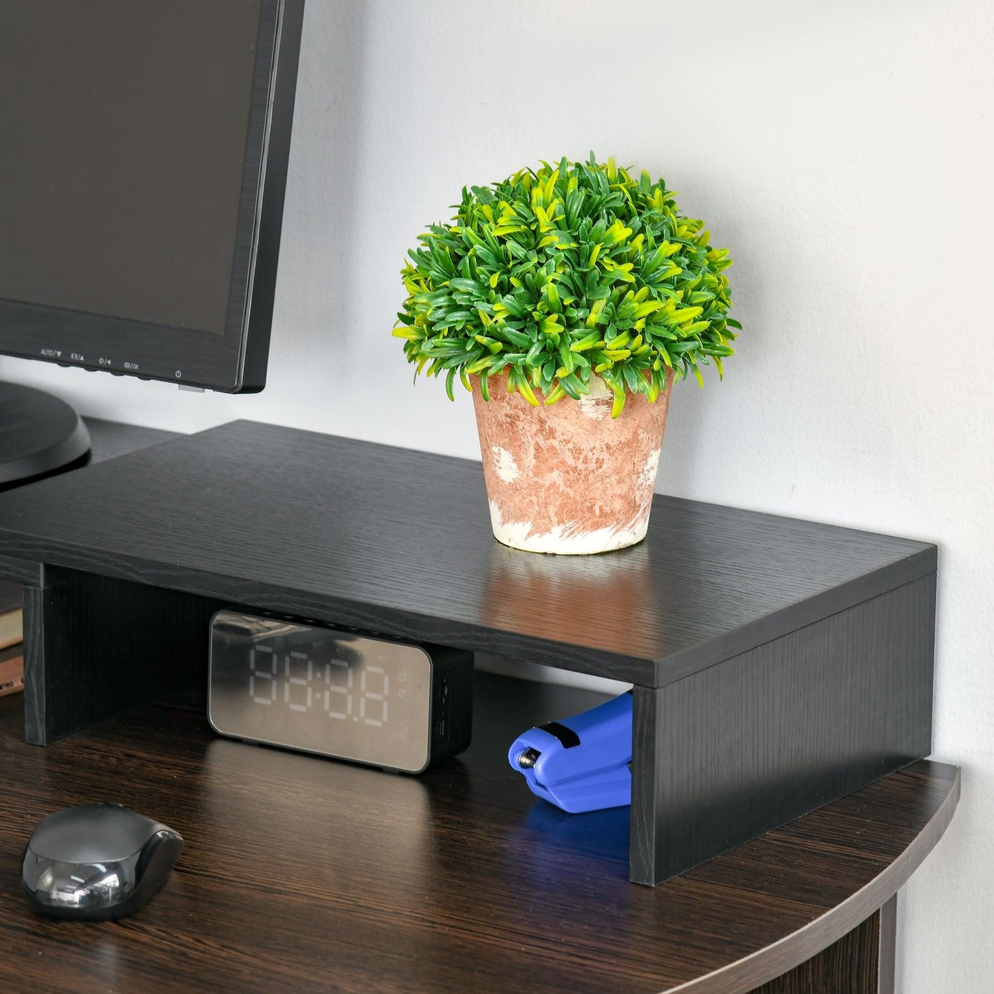 Adjustable stand with double monitors, wooden shelf, 80-117cm