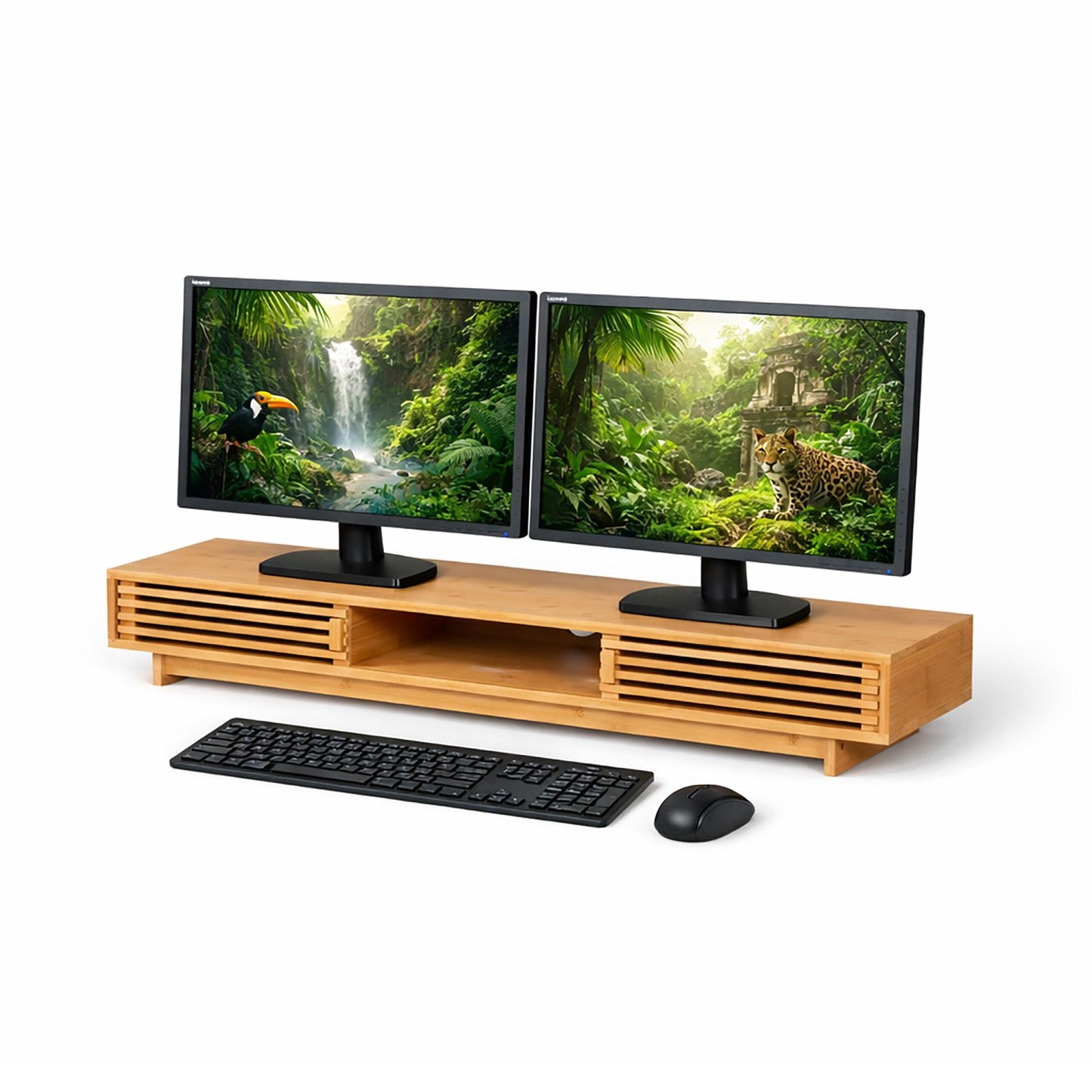 Monitor Stand with 3 Compartments, Bamboo Finish