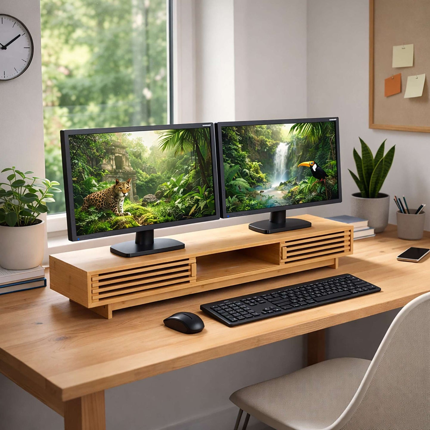 Monitor Stand with 3 Compartments, Bamboo Finish