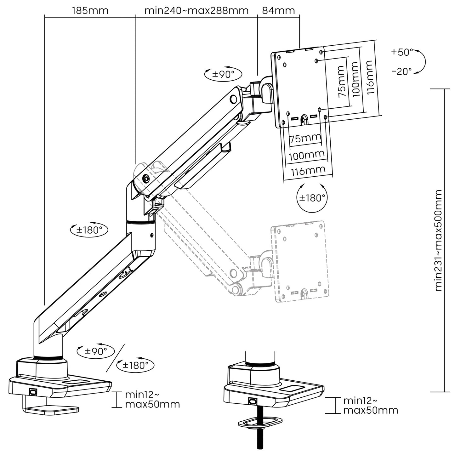 Monitor arm 17-49" gas spring max 20kg